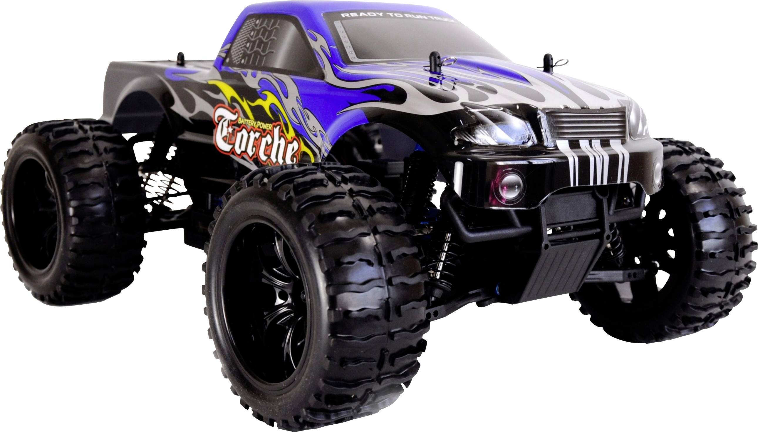 Une voiture télécommandée de style monster truck avec de grandes roues et un revêtement voyant en bleu, noir et motifs de flammes.