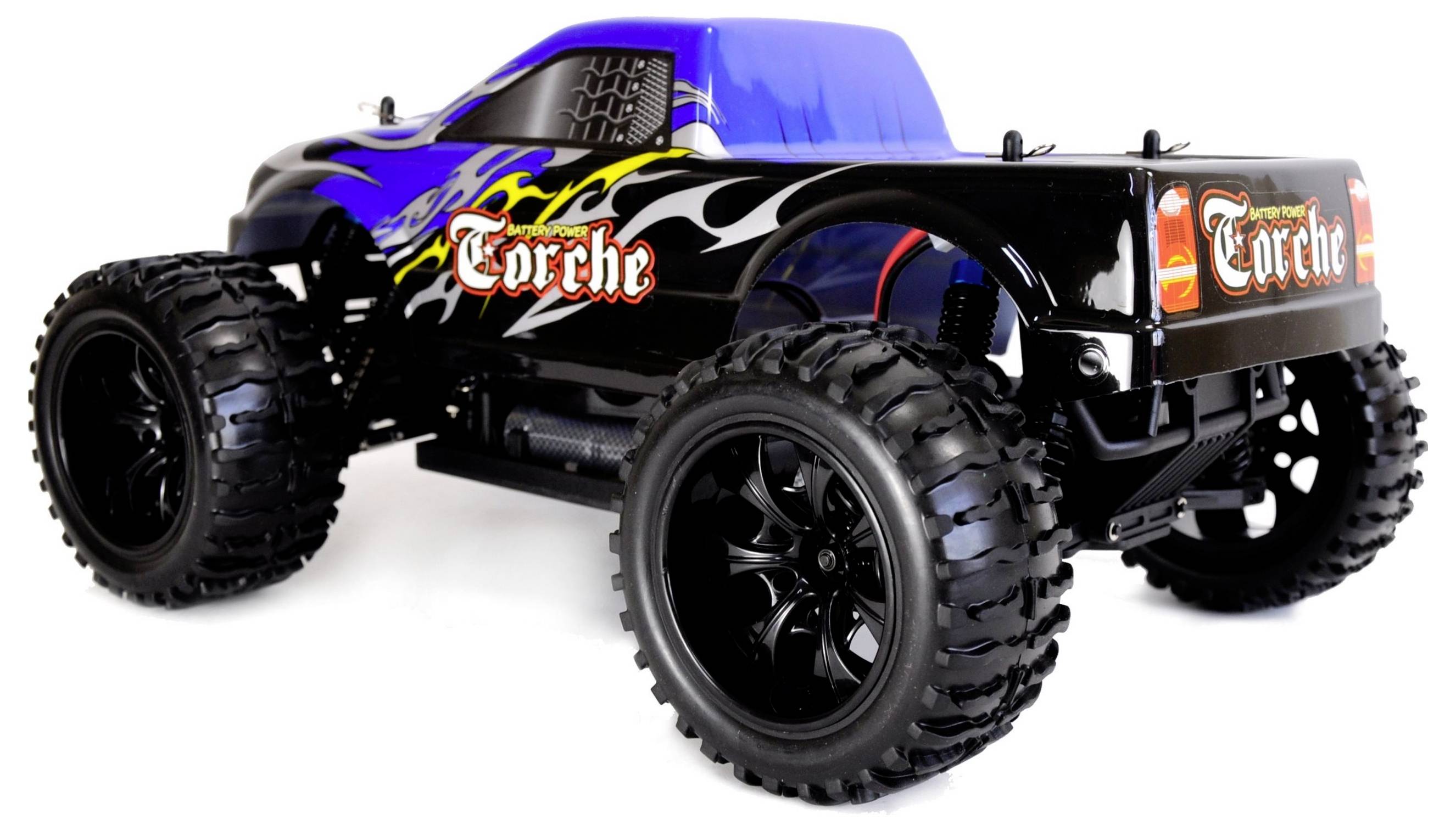 Voiture télécommandée avec un châssis noir imposant et une cabine bleue. Motif de flammes imprimé et l'inscription 'Torche'.
