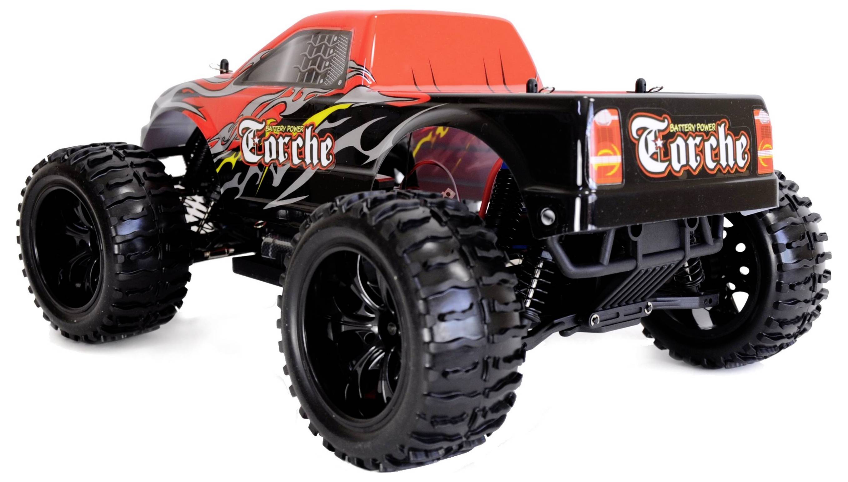 Voiture télécommandée, rouge à l'avant, noire à l'arrière avec un motif de flammes et l'inscription 'Torche'. Grandes roues robustes pour le tout-terrain.