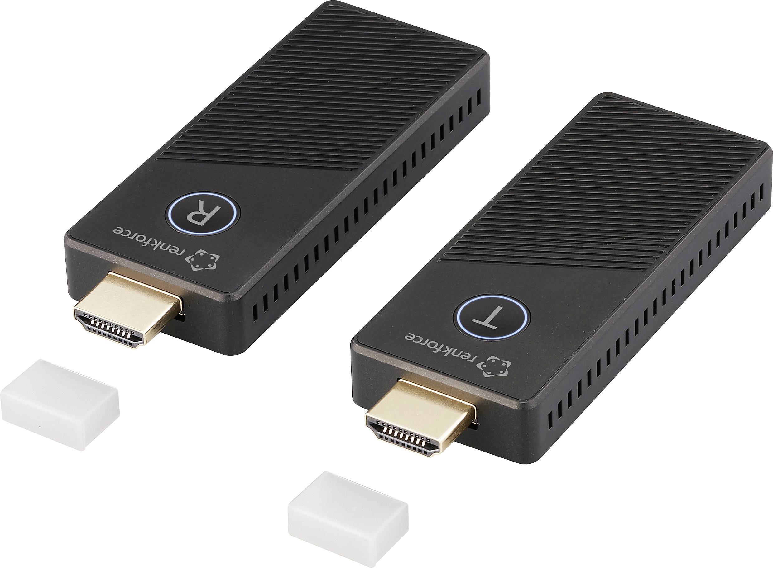 Deux dongles HDMI noirs avec port USB, identiques en forme et en taille, sur fond blanc.