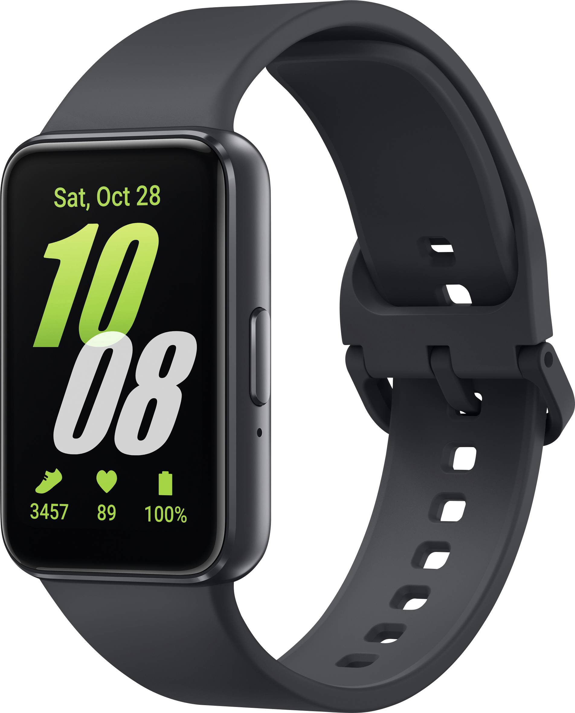 Montre intelligente noire à écran rectangulaire affichant la date 'Sam, 28 Oct', grand chiffre '1008', pas '3457', fréquence cardiaque '89', niveau de batterie '100%'.