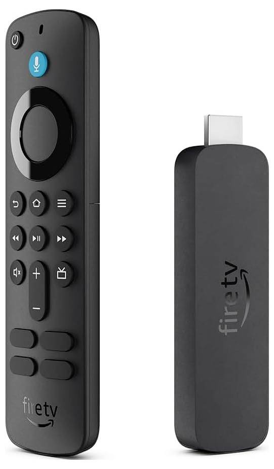 Une télécommande noire et une clé de streaming avec le logo 'fire tv', servant à contrôler un téléviseur ou un service de streaming.