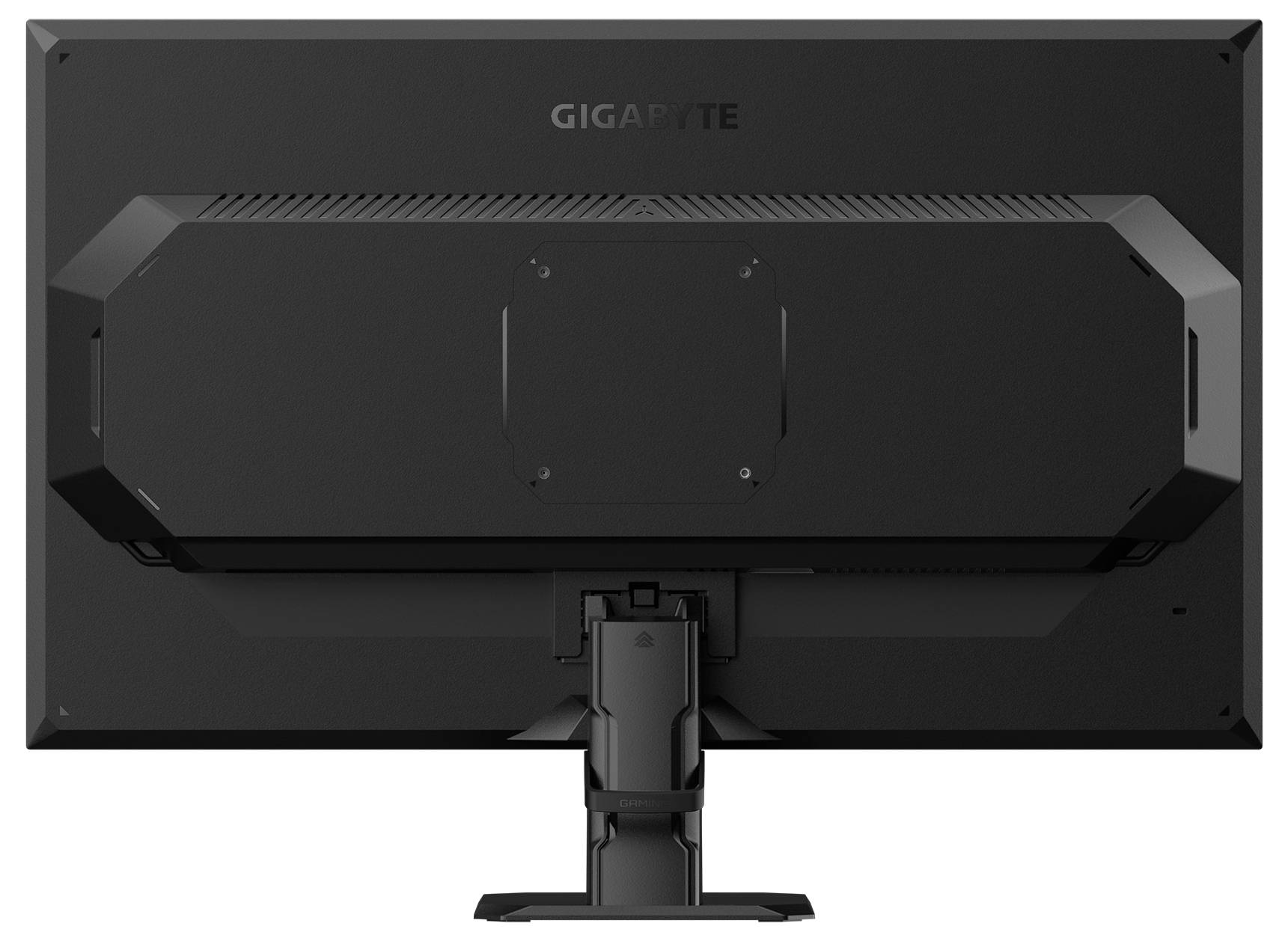 L'arrière d'un moniteur noir de la marque Gigabyte, monté sur un socle, sans ports ni câbles visibles.