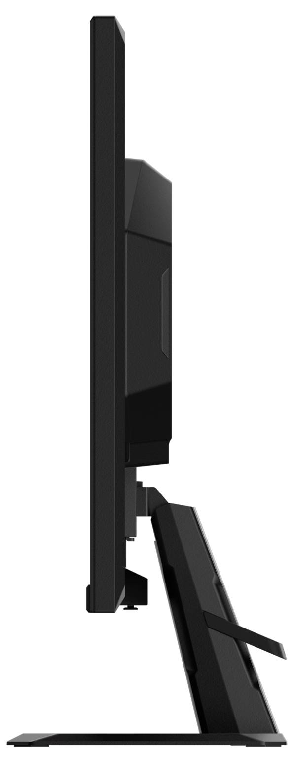 Vue latérale d'un moniteur d'ordinateur noir au design élégant, reposant sur un socle stable.