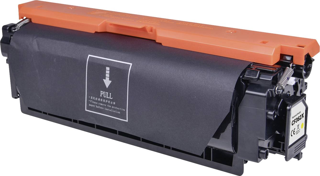 Un toner noir pour une imprimante avec un capot de protection orange et une feuille de papier portant l'inscription 'PULL'.