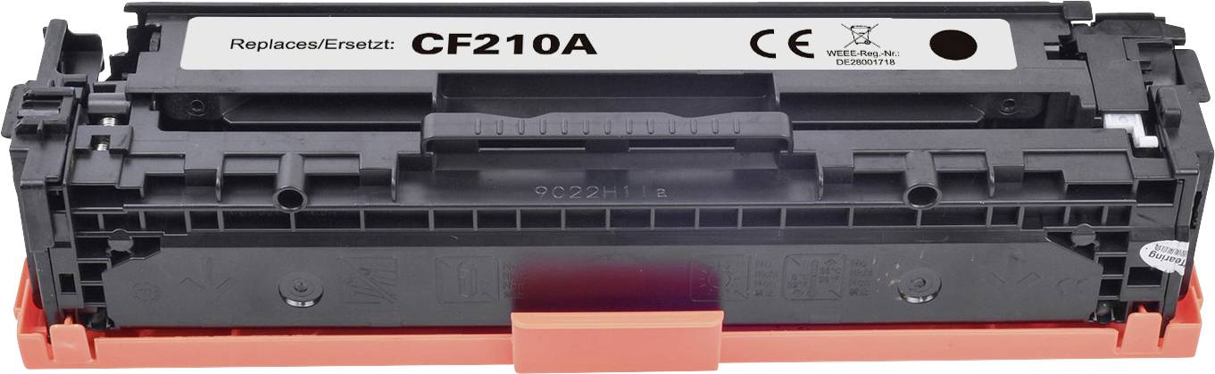 Cartouche d'encre CF210A, compatible avec certains modèles d'imprimantes. Boîtier noir avec protection orange et marquage CE.