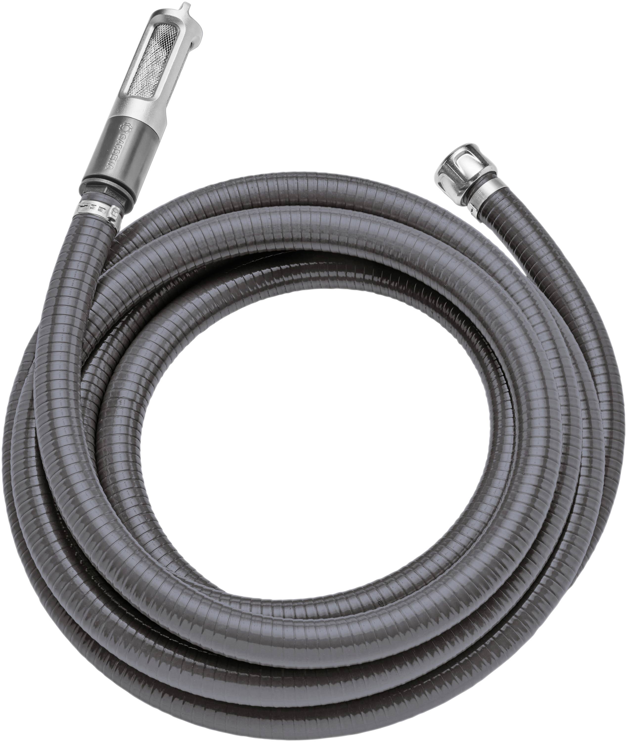 Flexible tuyau métallique gris, enroulé, avec raccords aux deux extrémités, adapté aux applications industrielles.