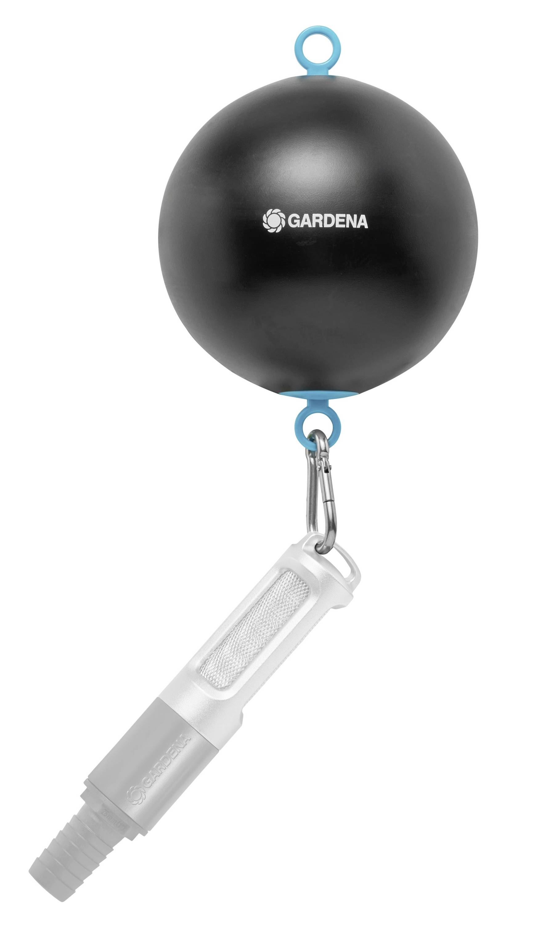 Filtre aspirant flottant de Gardena, noir avec anneau bleu. Design suspendu, idéal pour la connexion aux pompes ou aux tuyaux.