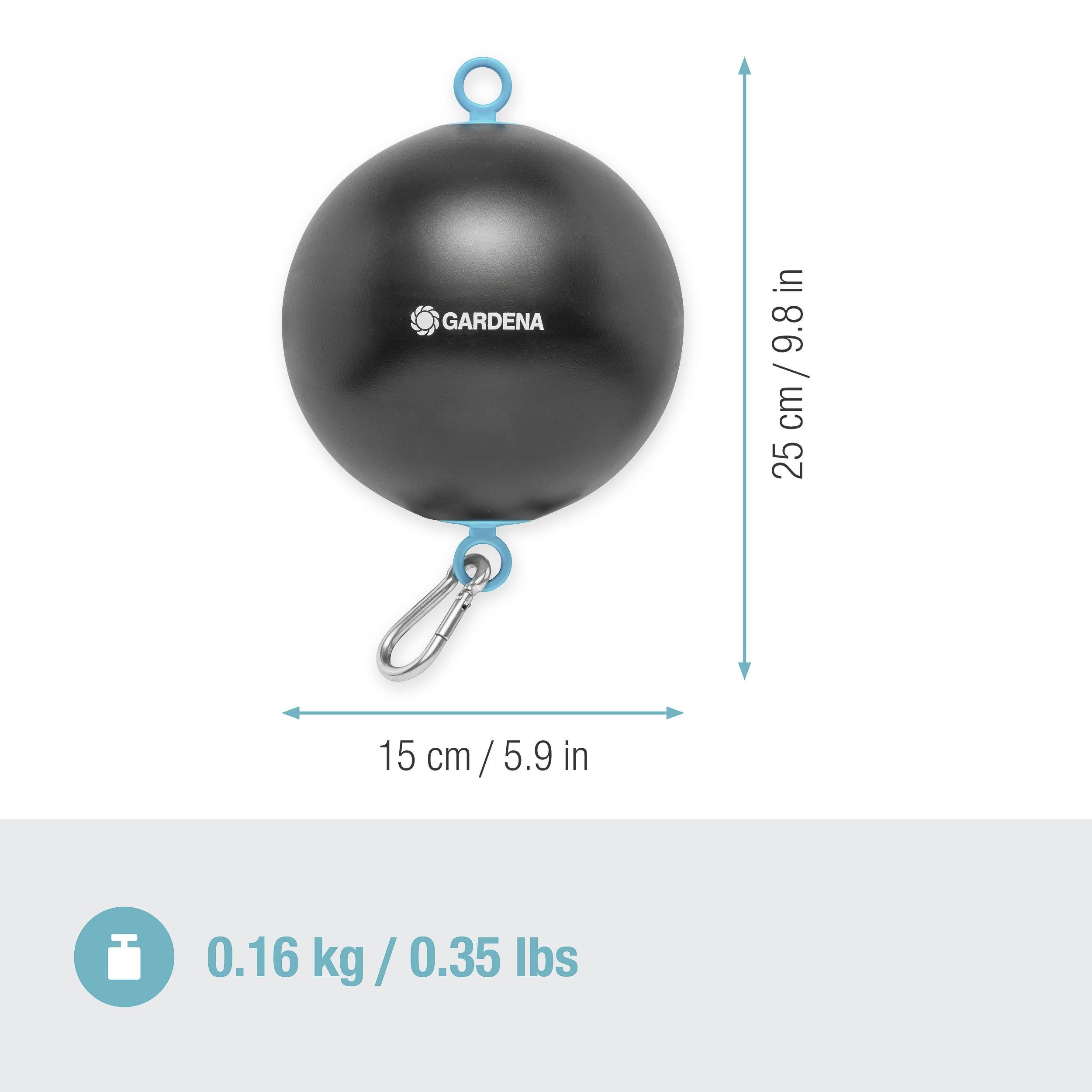 Boule de lestage 'Gardena', noir, hauteur 25 cm, diamètre 15 cm, 0,16 kg. Comprend un crochet de suspension.