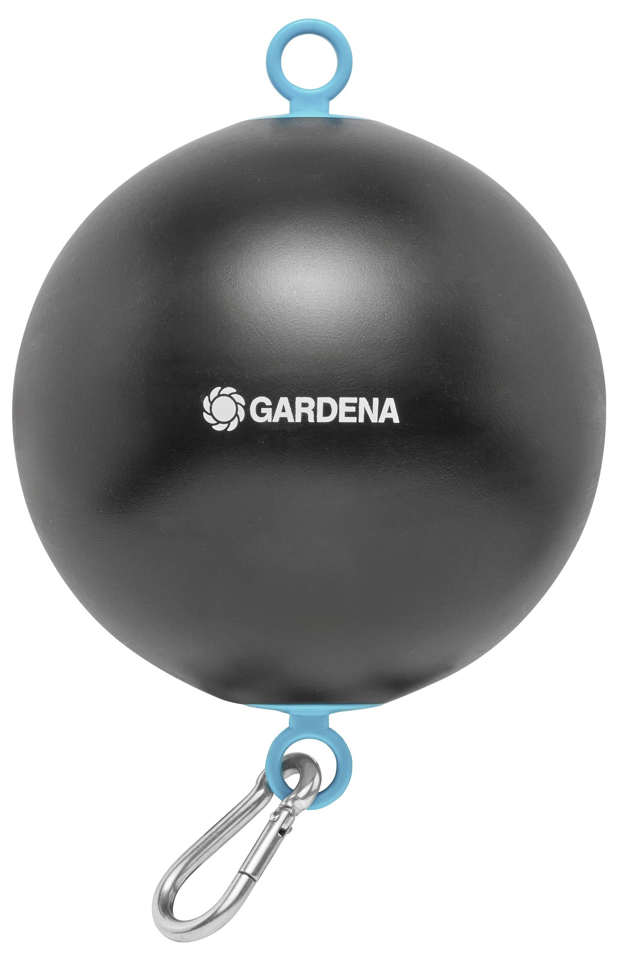 Interrupteur à flotteur noir, sphérique, équipé de deux anneaux de suspension bleus et d'un clip métallique, portant le logo de marque 'GARDENA' au centre.