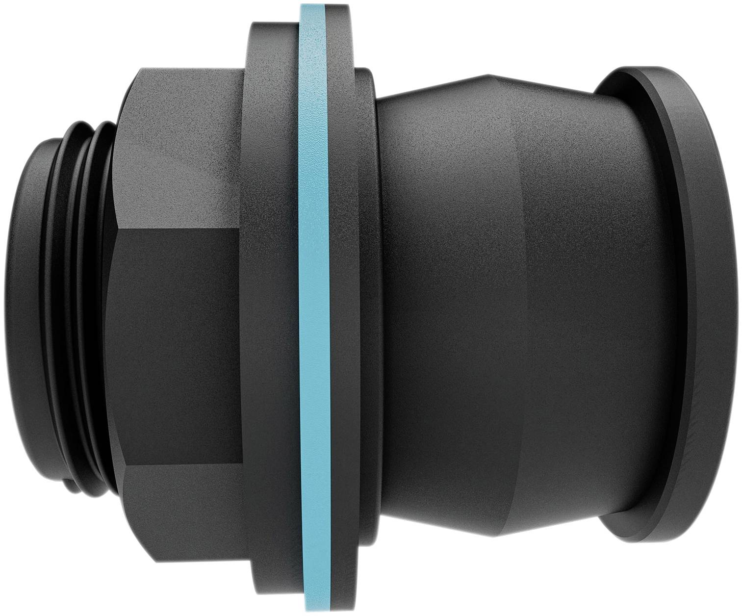 Raccord en plastique noir avec joint d'étanchéité turquoise, forme cylindrique, vue de côté. Utilisé dans des applications de tuyauterie.