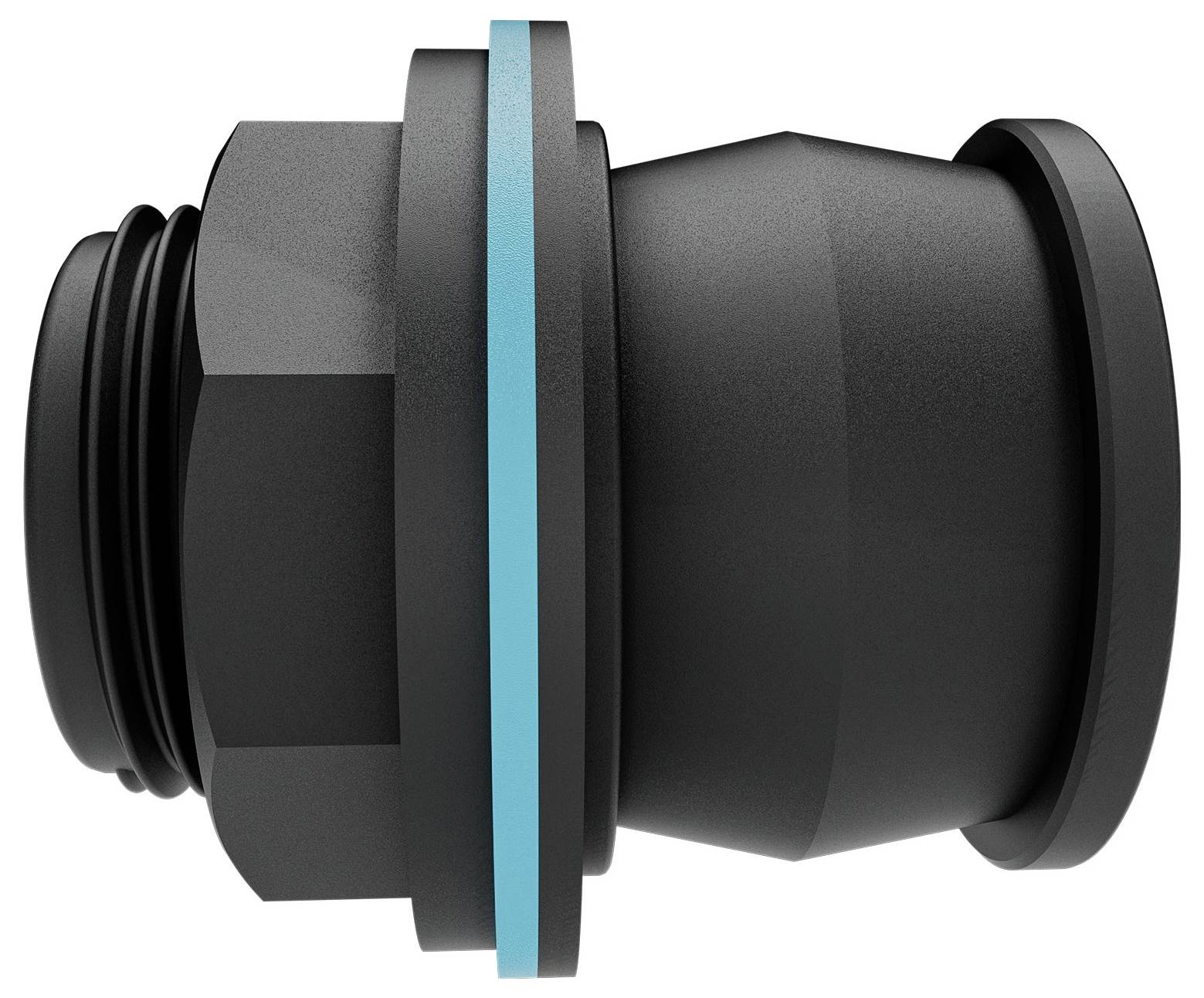 Connecteur noir en plastique cylindrique avec un joint d'étanchéité bleu, vue de côté. Utilisé pour relier des tuyaux dans des applications techniques.