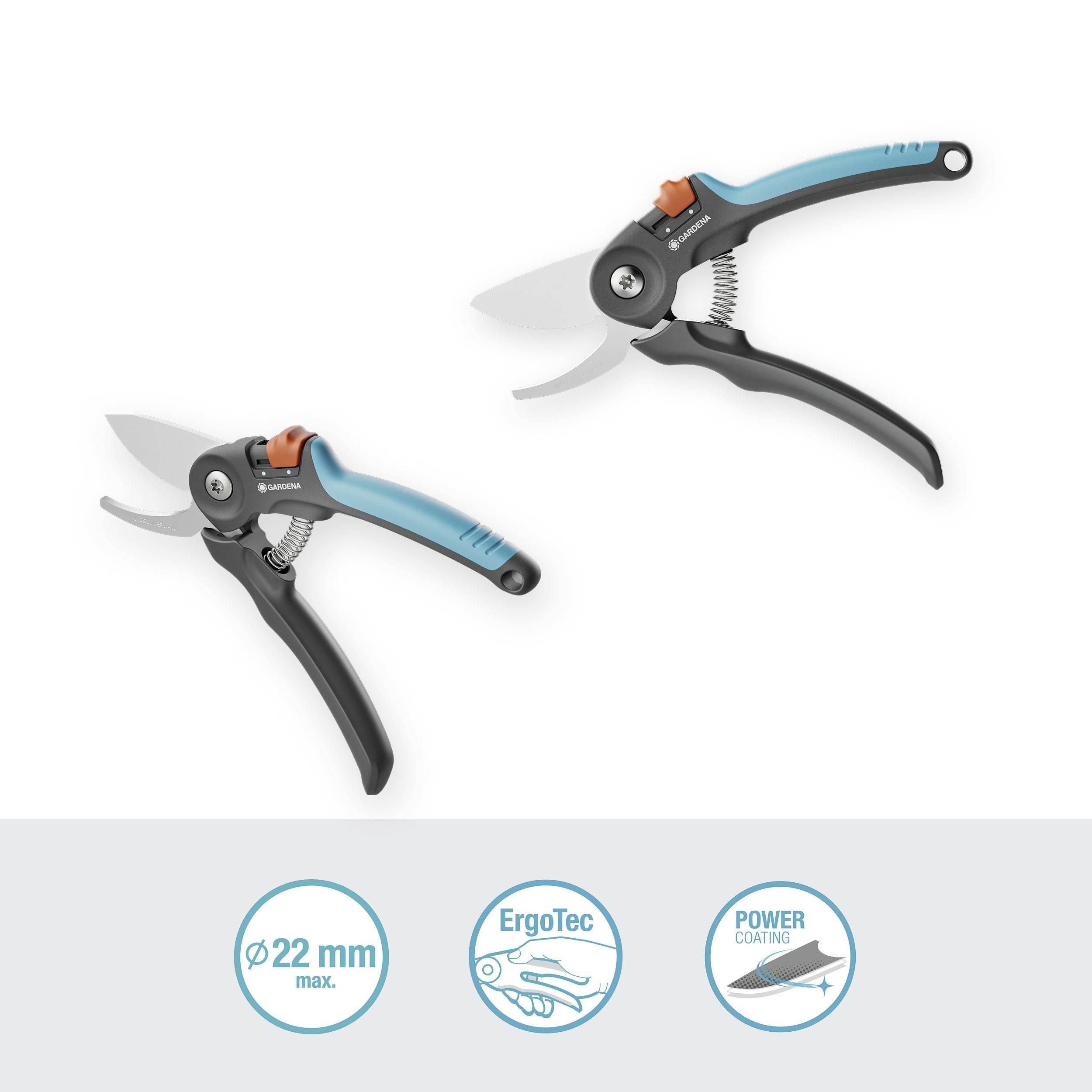 Deux sécateurs ergonomiques avec des poignées bleues, l'un pointant vers le haut, l'autre vers la gauche. Symboles : 'Ø 22 mm max.', 'ErgoTec', 'Power Coating'.