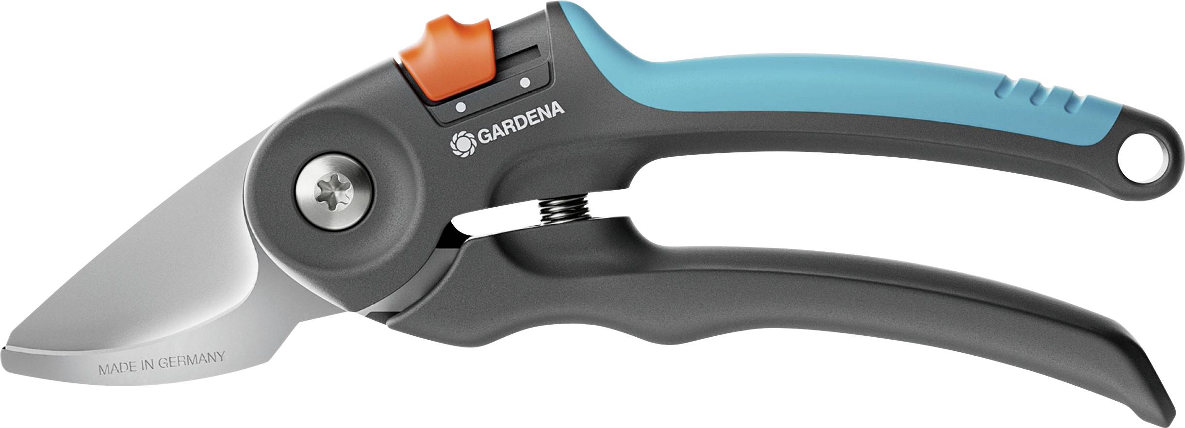 Sécateur à poignée ergonomique, lame en acier inoxydable, avec des touches de bleu et d'orange ; adapté à la coupe de branches et de plantes.