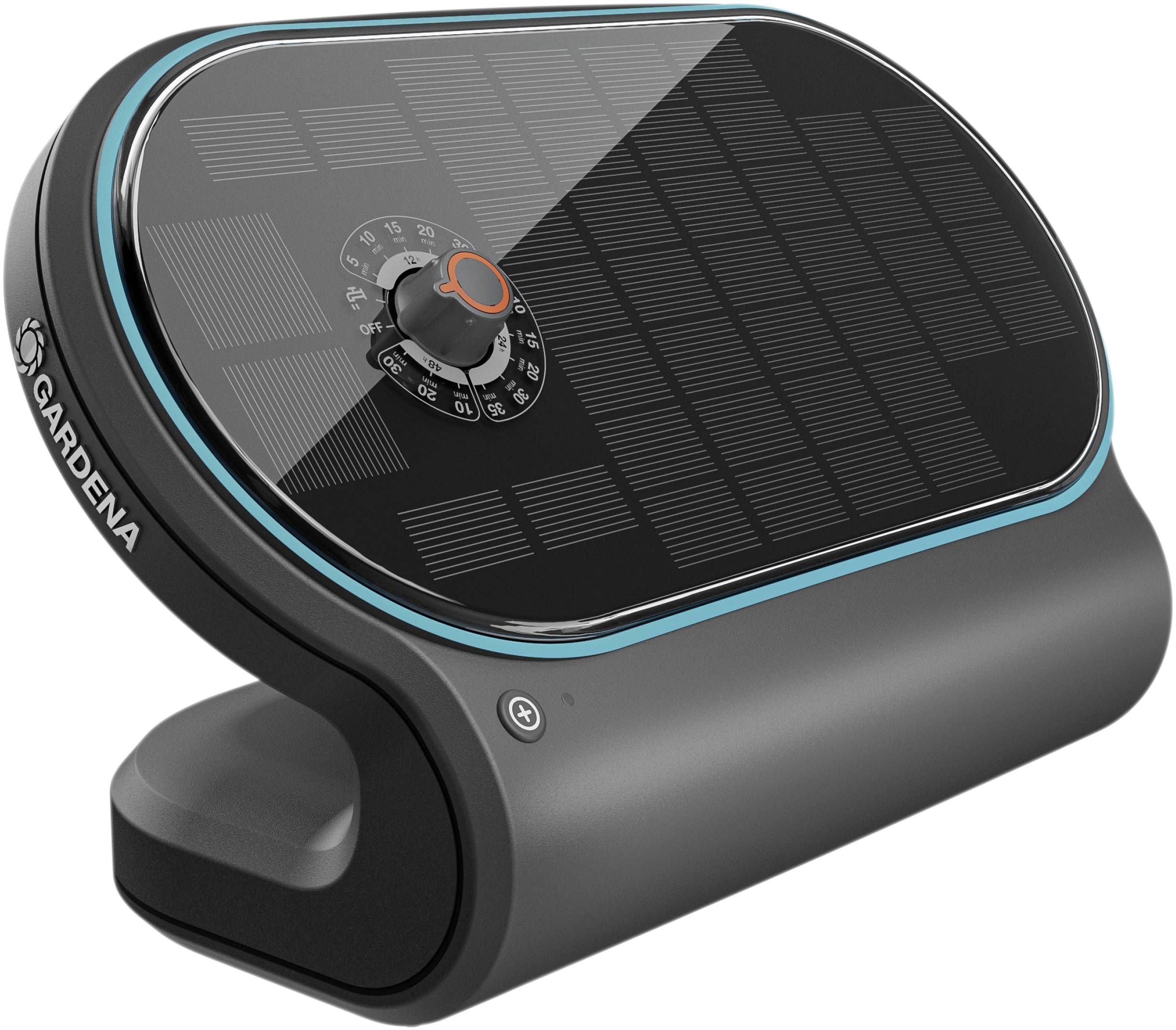 Système de contrôle d'irrigation solaire avec molette de réglage du temps, surface noire, design moderne, marque Gardena.
