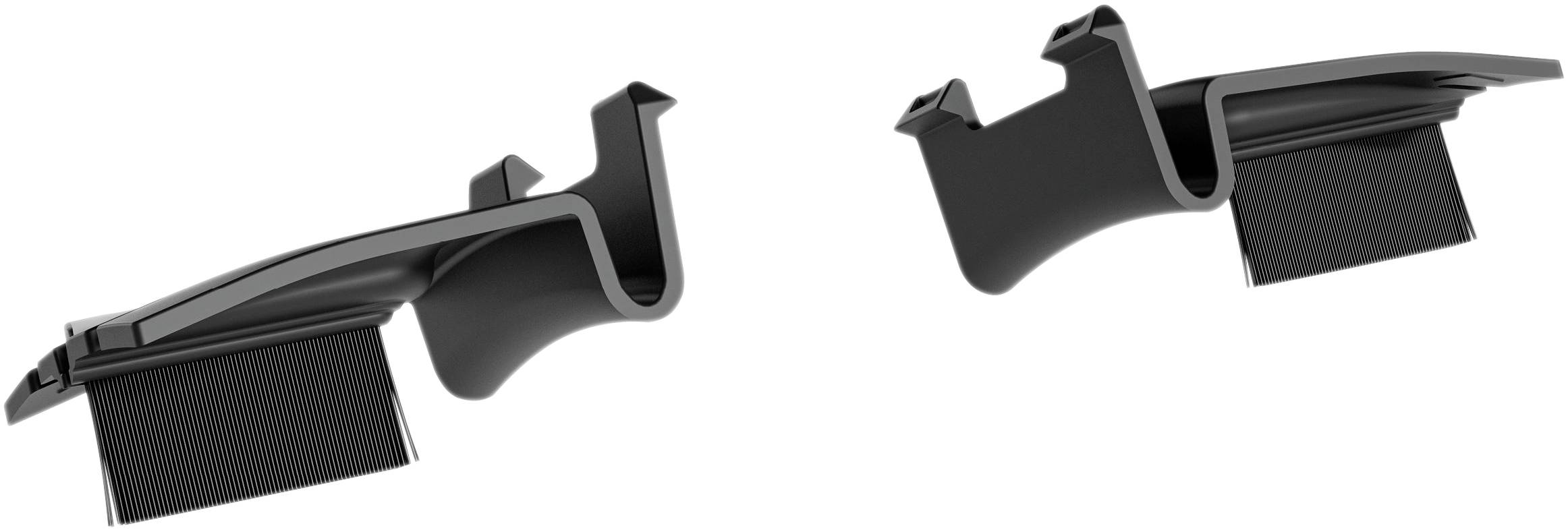 Deux pièces en plastique noir de formes différentes, probablement des composants techniques, sur un fond blanc.