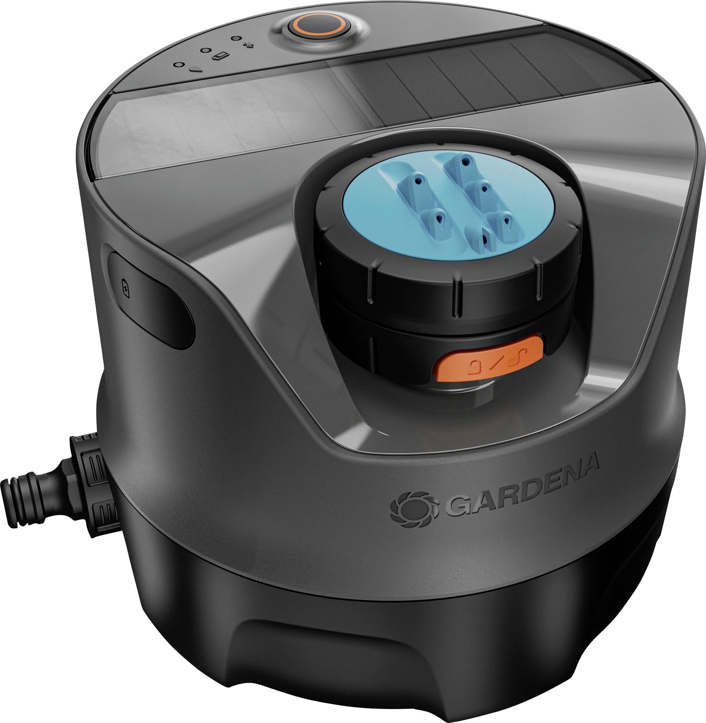 Minuteur d'irrigation Gardena avec cadran de contrôle et port de connexion, conçu pour les programmes d'arrosage automatisés du jardin.