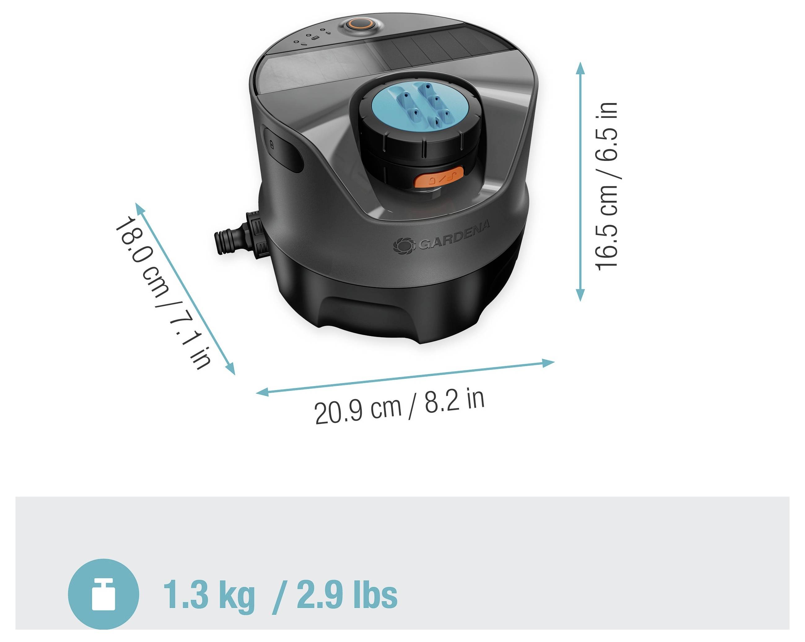 Dimensions de l'appareil GARDENA : 20,9 cm (8,2 po) de largeur, 18,0 cm (7,1 po) de profondeur, 16,5 cm (6,5 po) de hauteur. Poids : 1,3 kg (2,9 lbs).