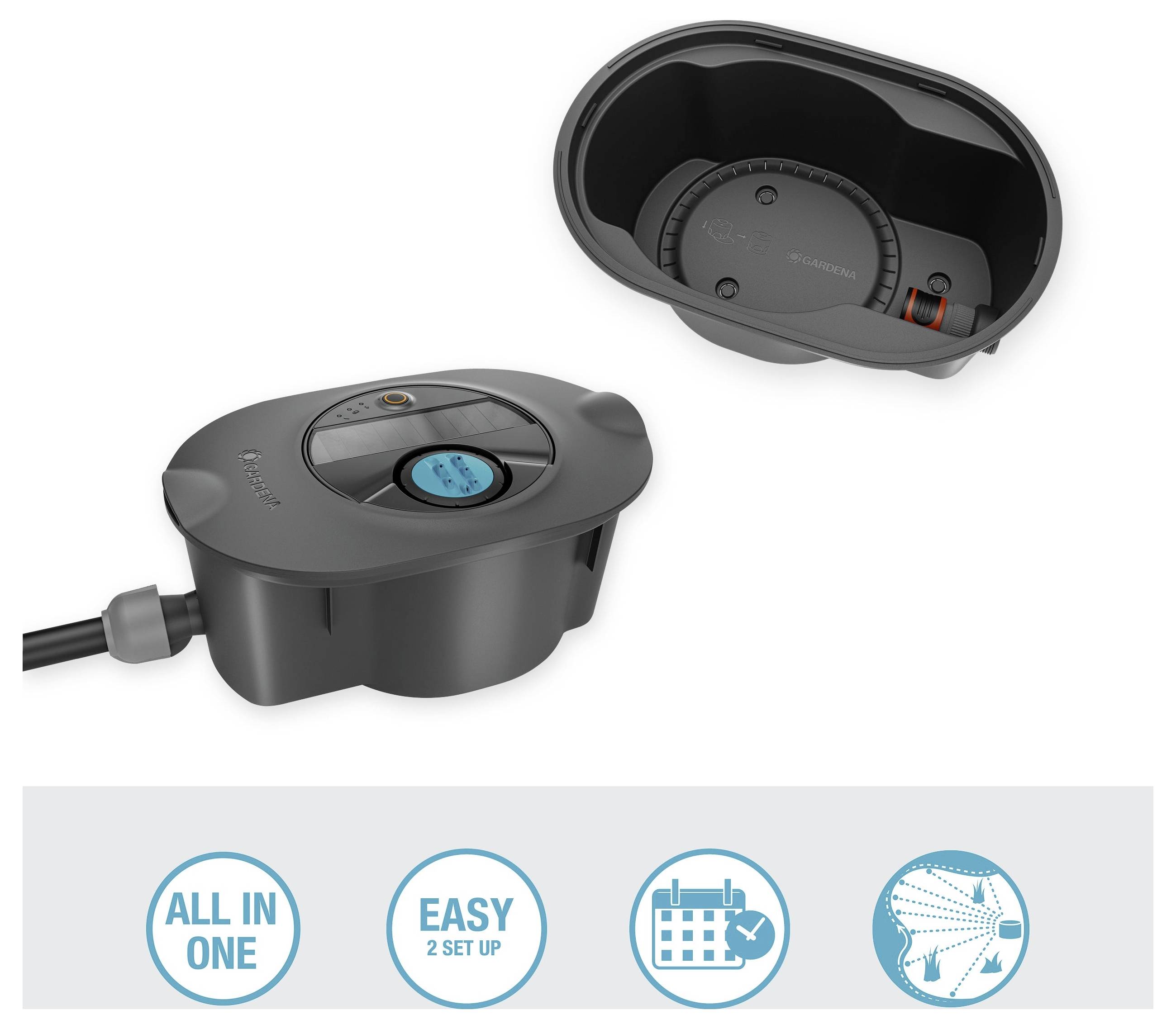 A product image showing an irrigation control unit with an attached cable and adjustment dial. Icons below highlight features: All in One, Easy to Set Up.