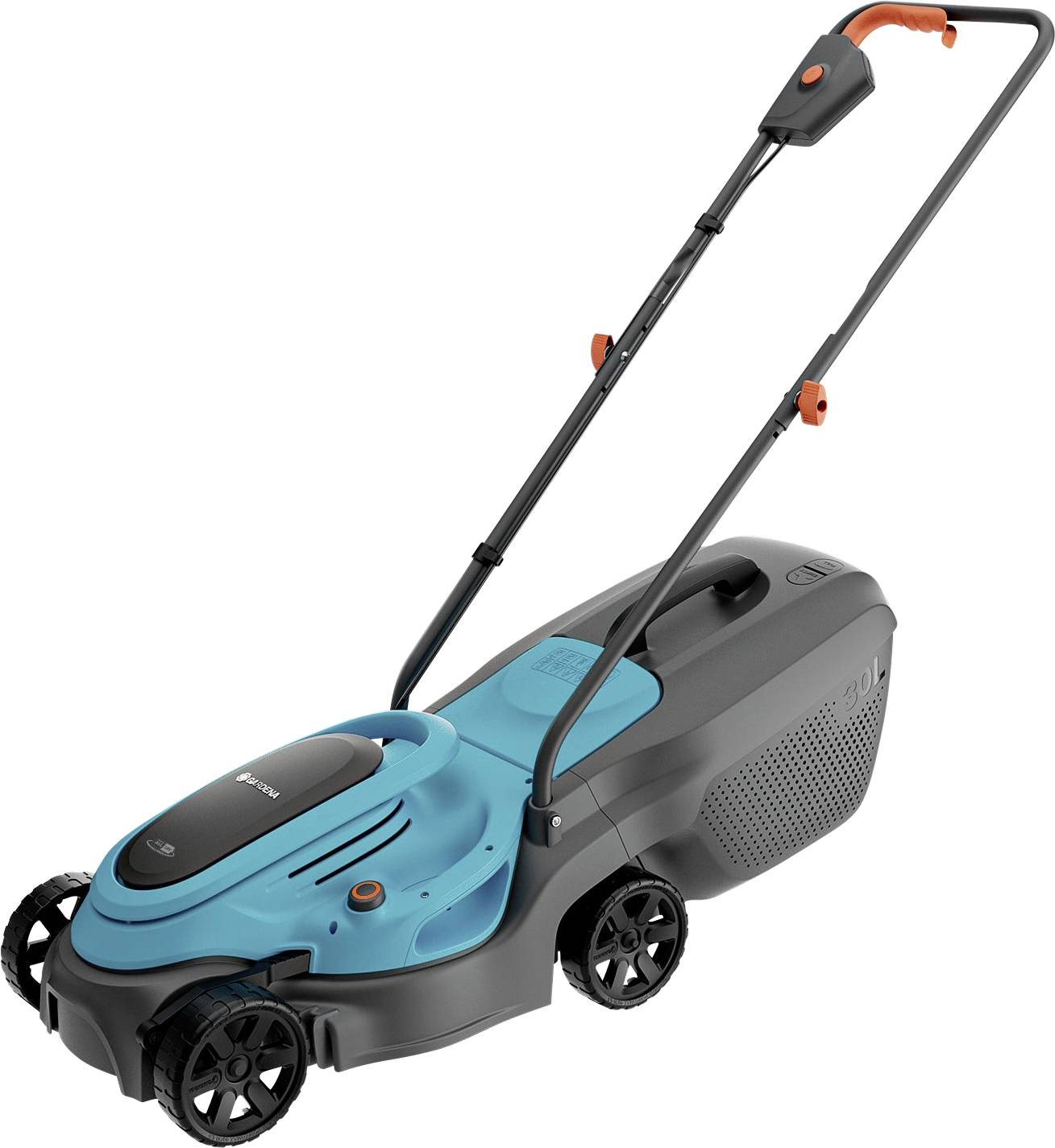 Tondeuse électrique avec un boîtier bleu et un bac de ramassage noir, reposant sur quatre roues. Adaptée aux petits et moyens jardins.