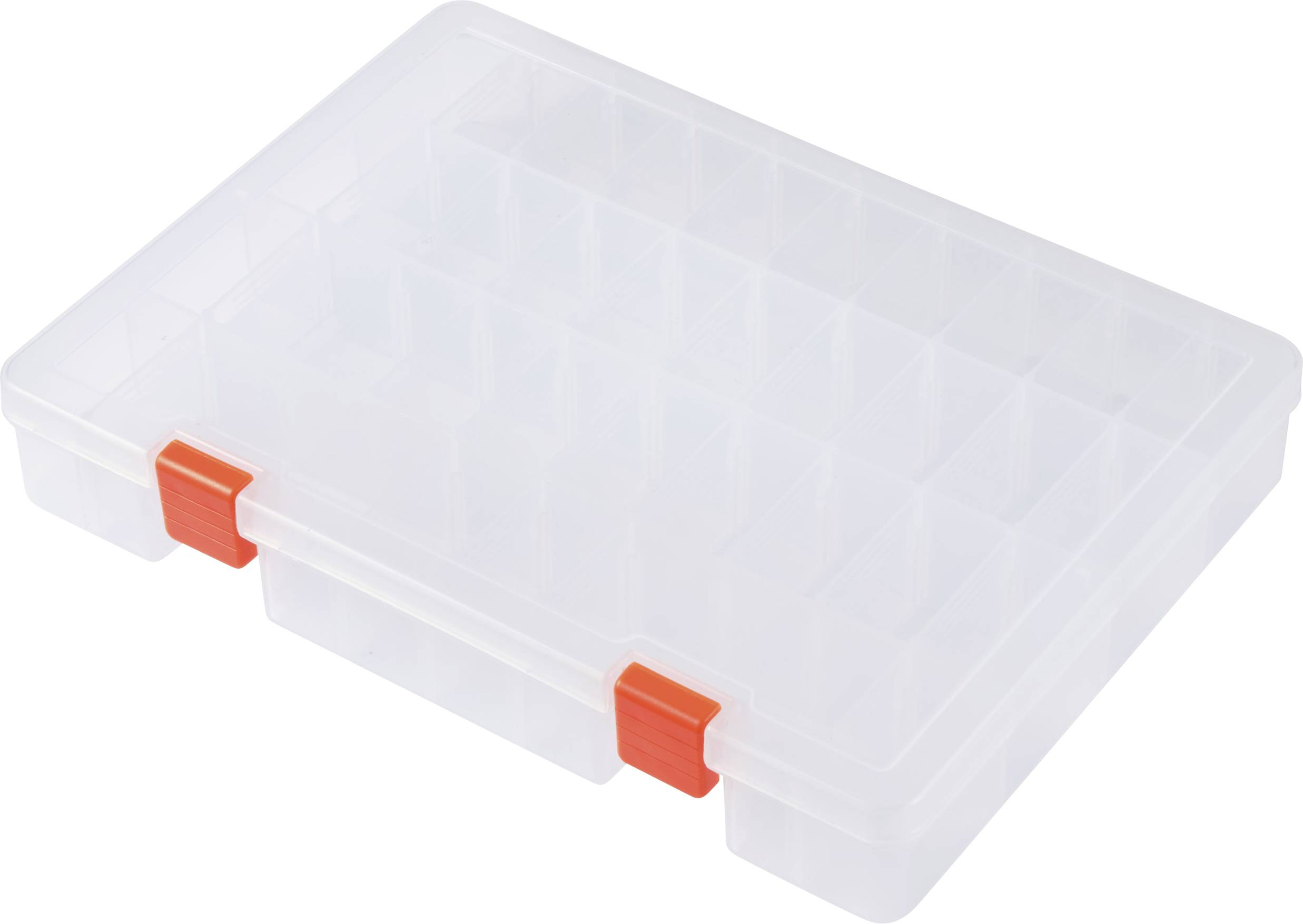 Une boîte de rangement rectangulaire transparente en plastique avec plusieurs compartiments pour petits objets ; deux fermetures de couleur orange.