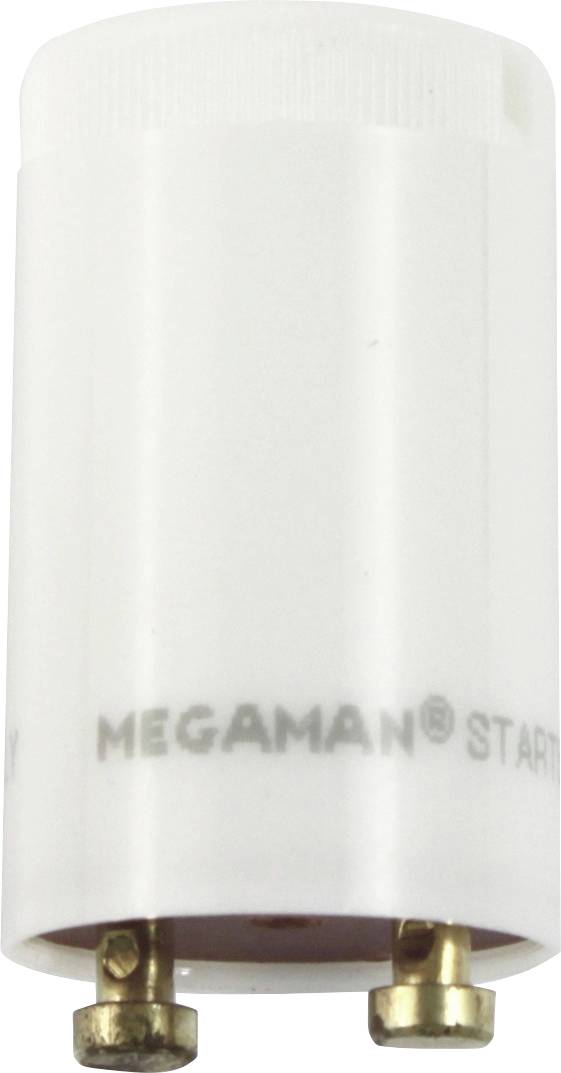 Un starter cylindrique pour lampes fluorescentes de la marque Megaman, blanc avec des contacts métalliques à la base.