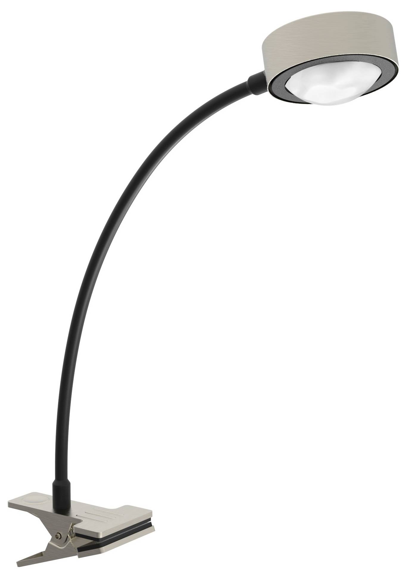 Lampe à pince avec col flexible en noir et argent, design moderne, à fixer sur les bords de table ou les étagères.