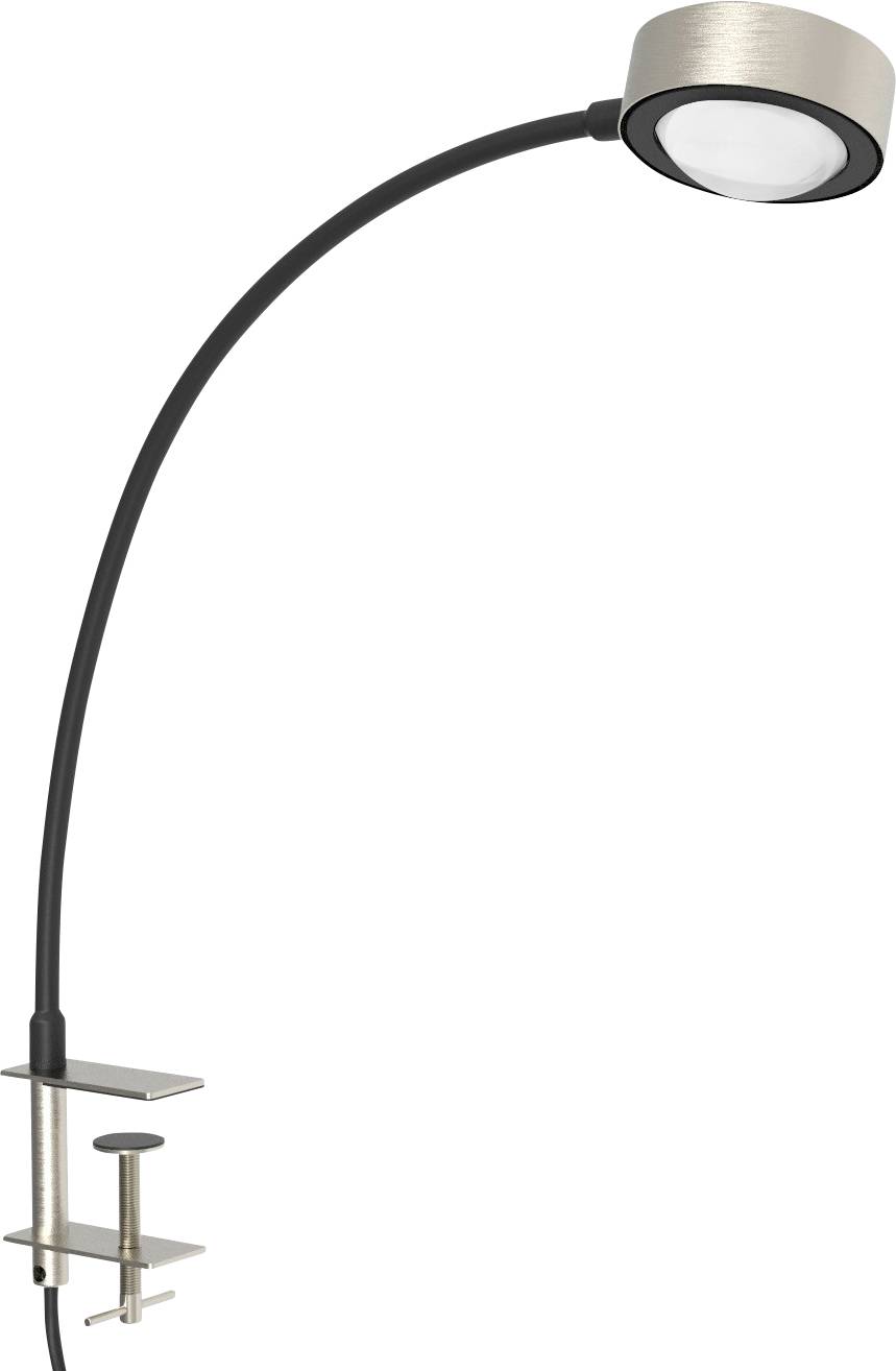 Une lampe de bureau incurvée avec une tête lumineuse ronde et une pince métallique pour la fixer au bord d'une table.