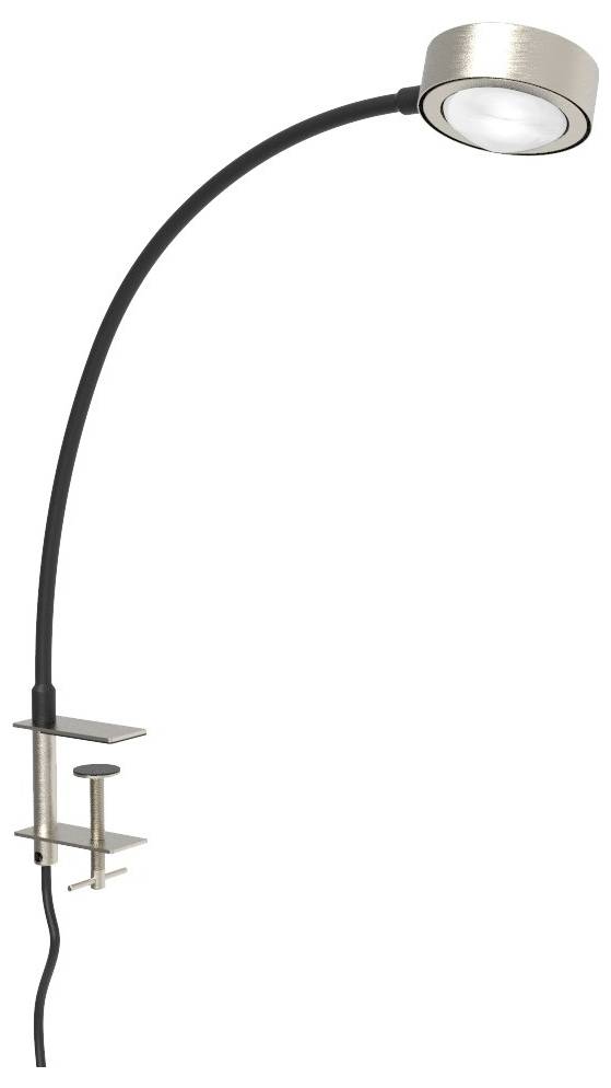 Lampe de bureau col de cygne noir avec tête d'éclairage argentée, à fixer sur une table. Idéale pour un éclairage précis lors du travail.