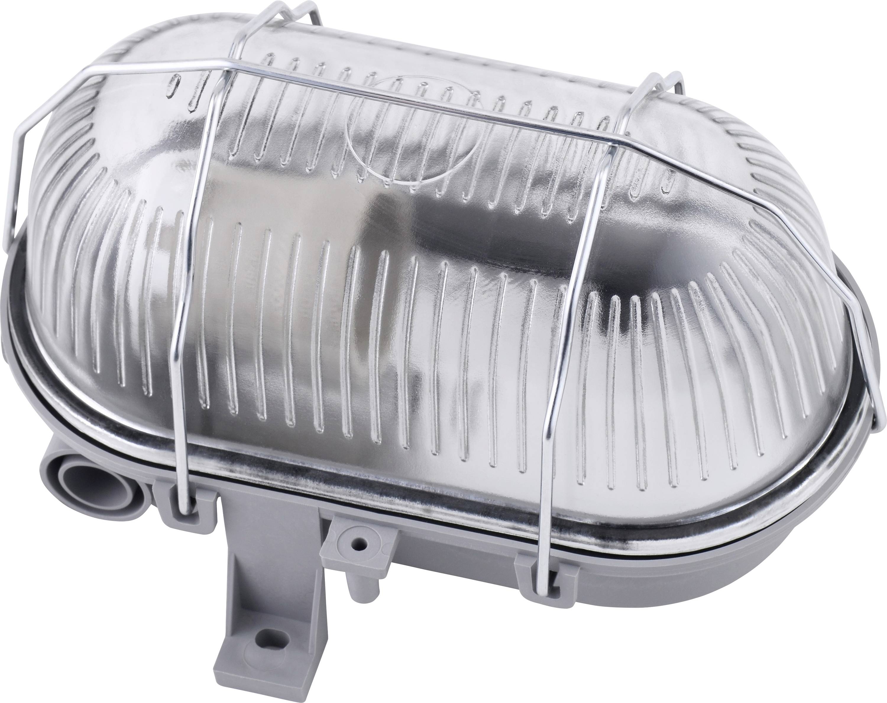 Lampe industrielle avec abat-jour ovale en métal et grille de protection, adaptée aux environnements difficiles. Peut être montée au mur ou au plafond.