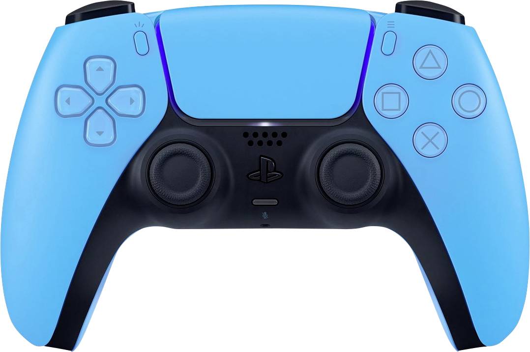 Une manette de jeu bleue avec deux joysticks et plusieurs boutons pour le contrôle du jeu.