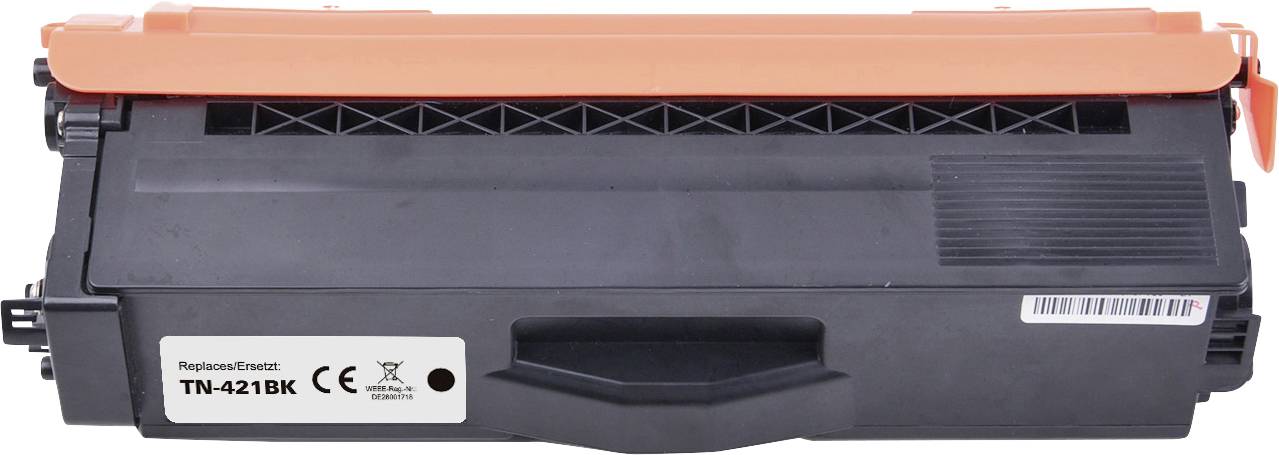 Cartouche de toner noir avec couvercle orange, compatible avec l'imprimante, numéro de modèle 'TN-421BK', marquage CE visible.