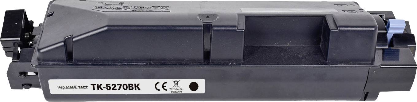Un toner noir rectangulaire avec l'étiquette 'TK-5270BK', adapté pour imprimante. À gauche, une étiquette avec le symbole de recyclage.