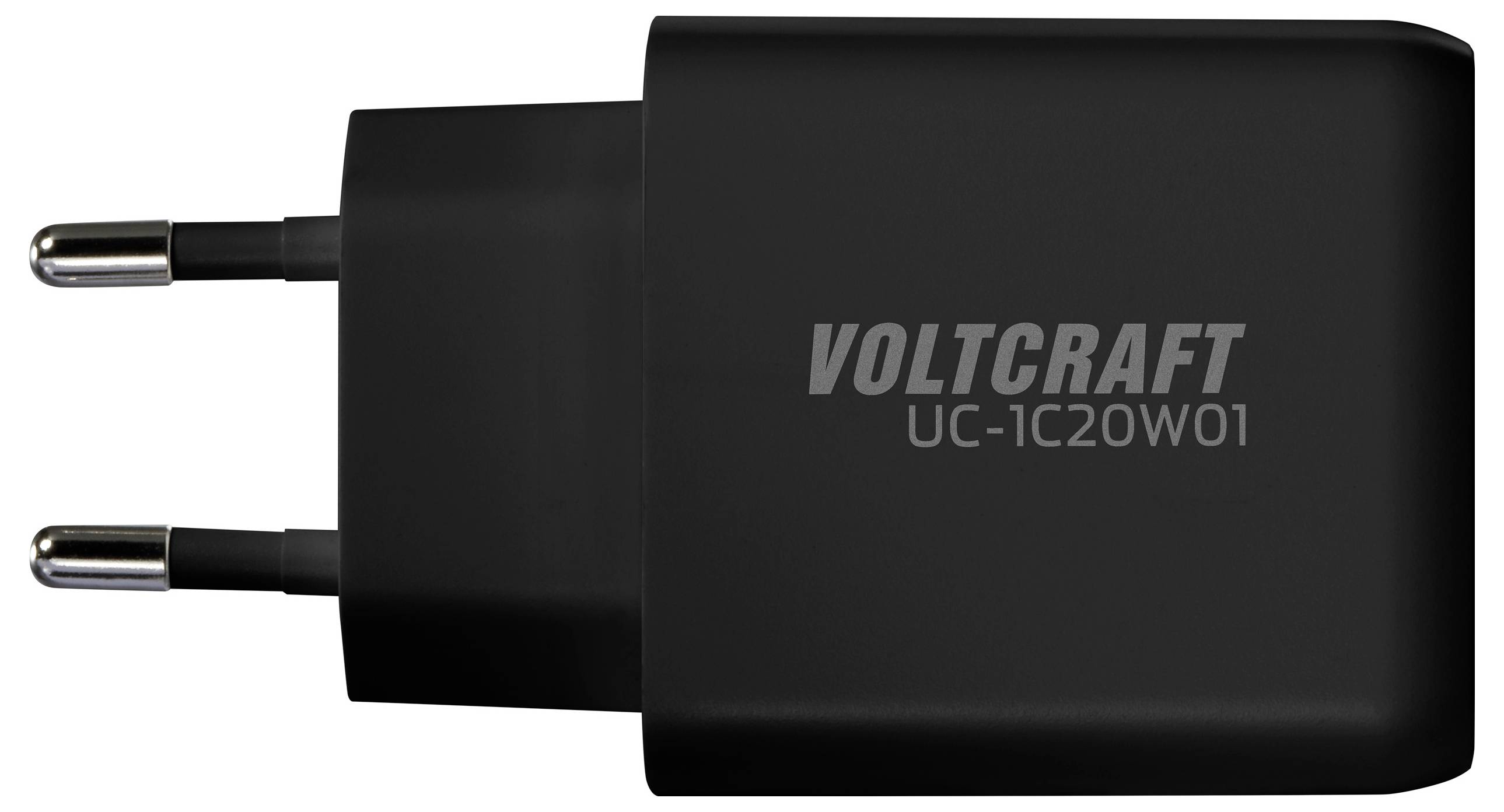 Chargeur USB noir de VOLTCRAFT, modèle UC-1C20W01, avec fiche européenne.