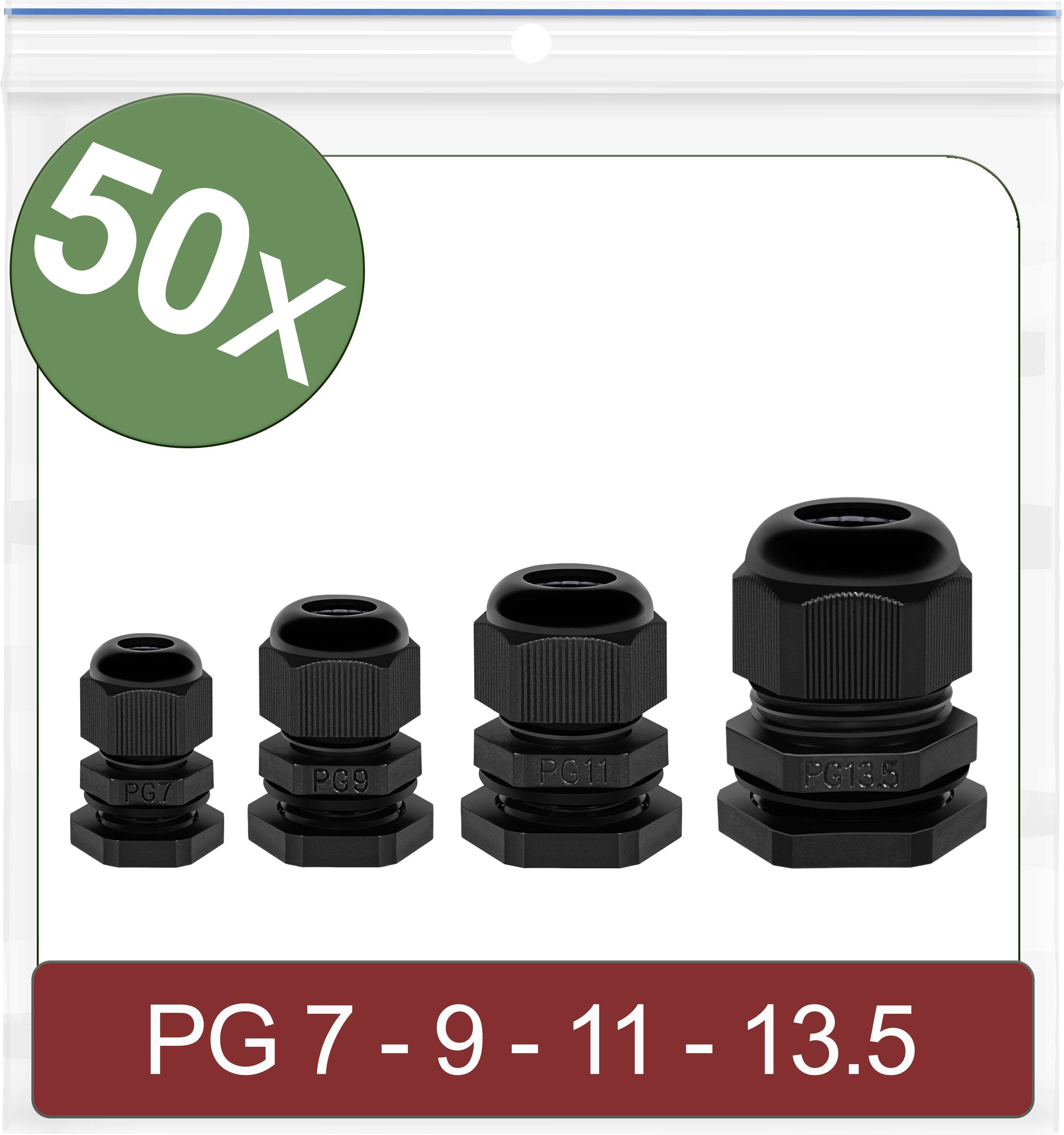 Quatre presse-étoupes noirs de différentes tailles (PG 7, 9, 11, 13,5) sur fond blanc, marquage vert '50x'.