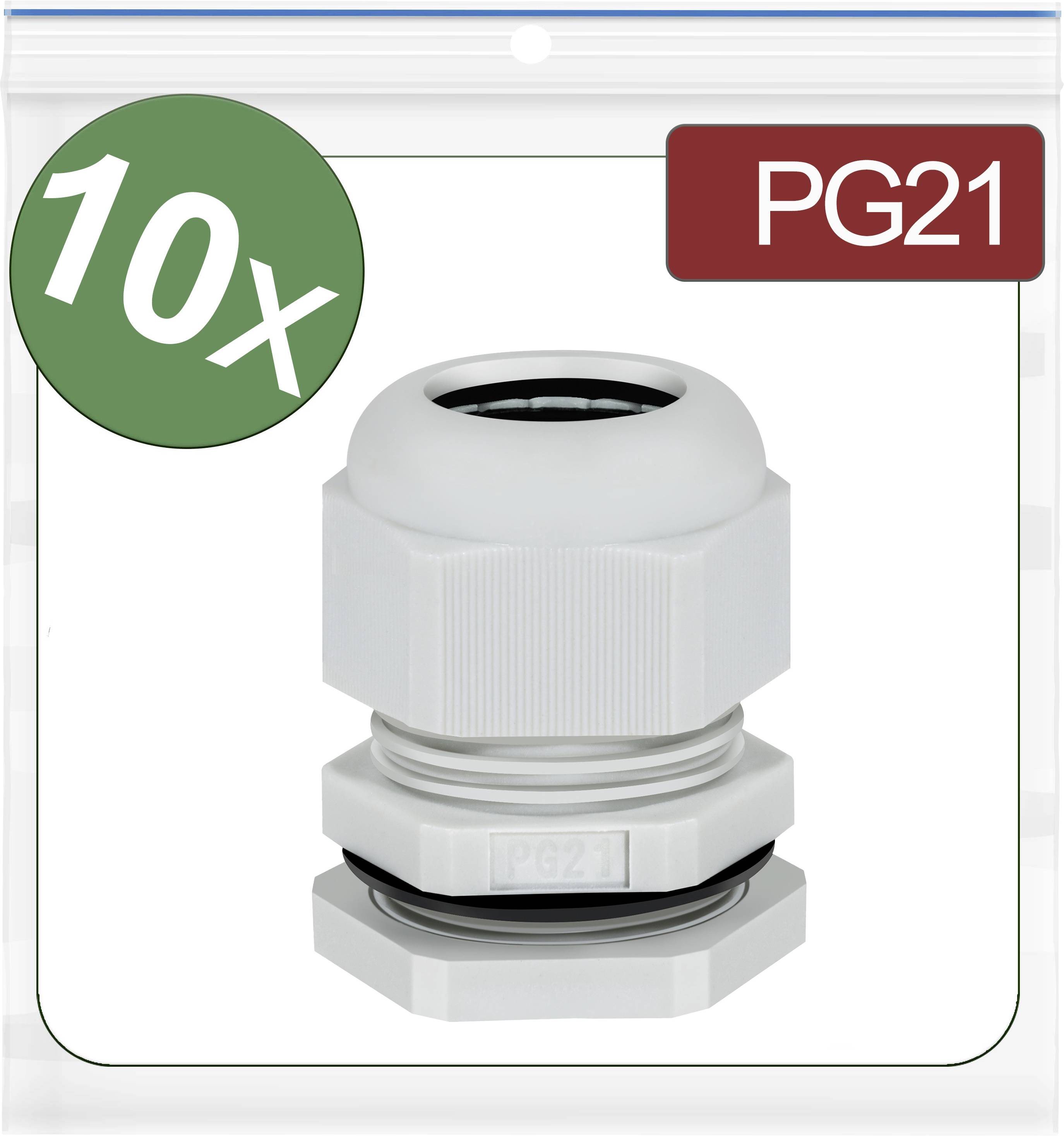 Presse-étoupe PG21 en blanc, lot de 10 en emballage plastique. Adapté pour un jointage sécurisé des connexions de câbles.