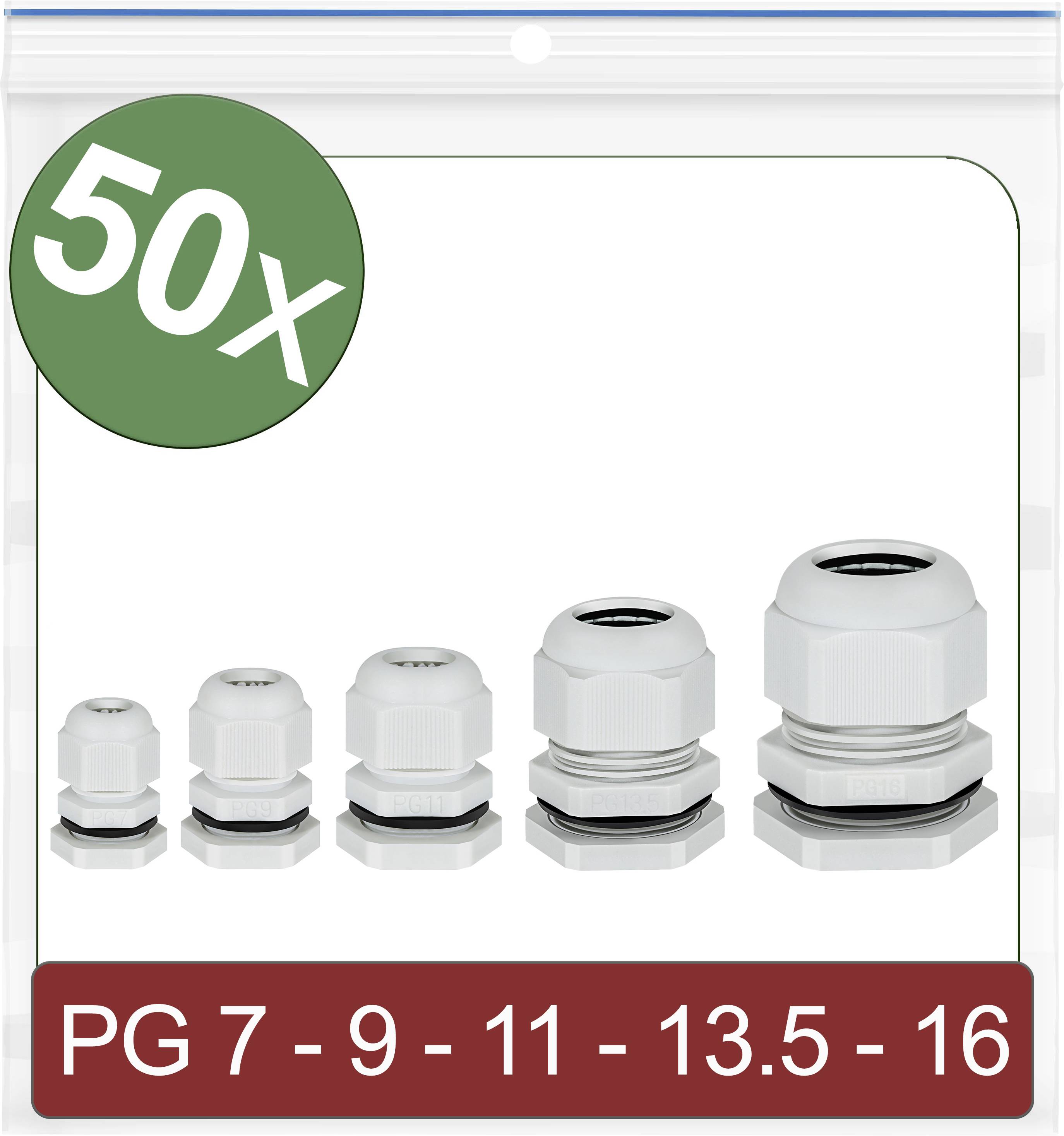 L'image montre cinq presse-étoupes dans différentes tailles : PG 7, 9, 11, 13,5 et 16. Conditionnement : 50 pièces.