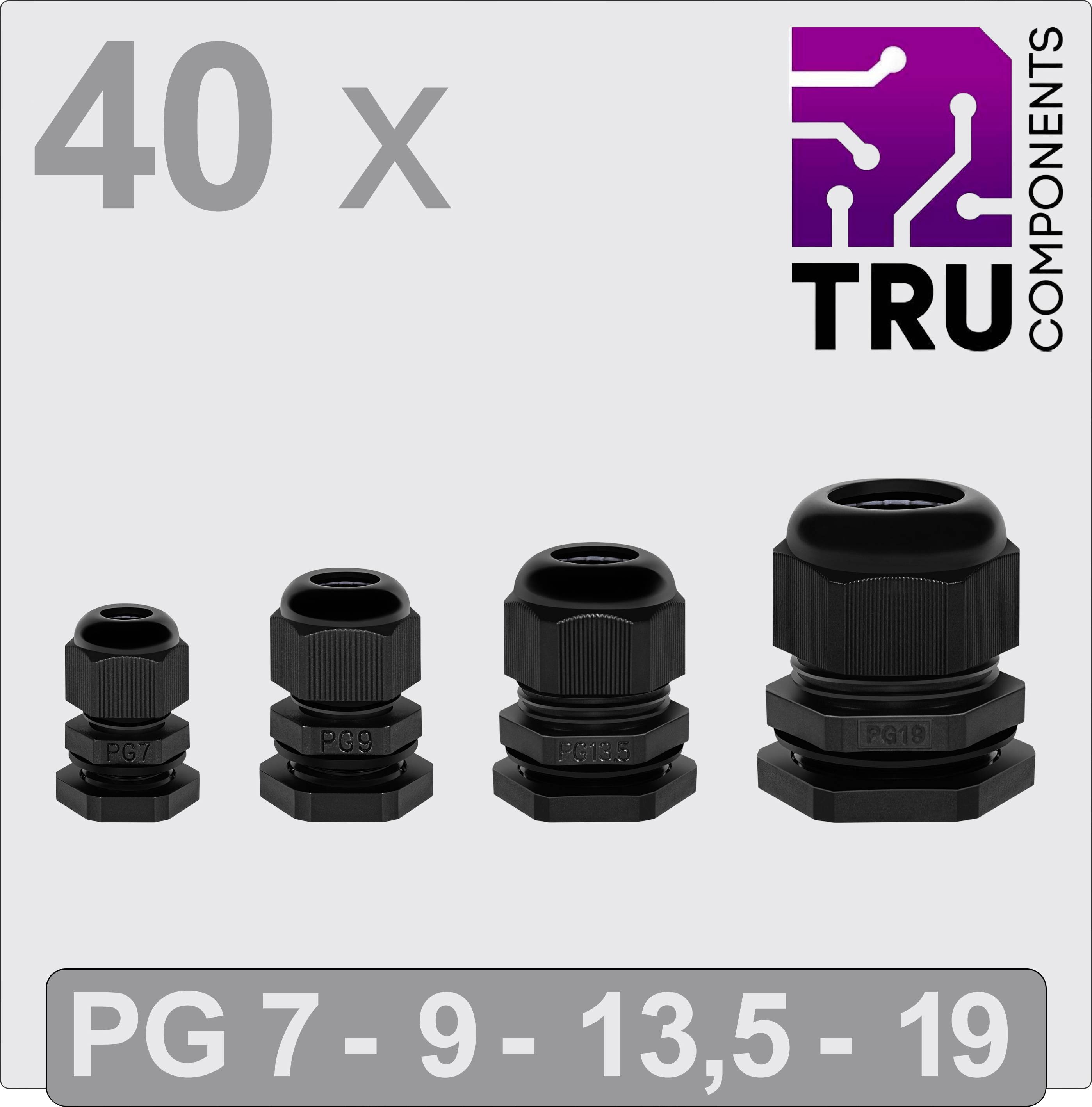 Quatre presse-étoupes noirs de différentes tailles de PG 7 à PG 19, avec le logo de TRU Components et l'inscription : 40 x PG 7-9-13,5-19.