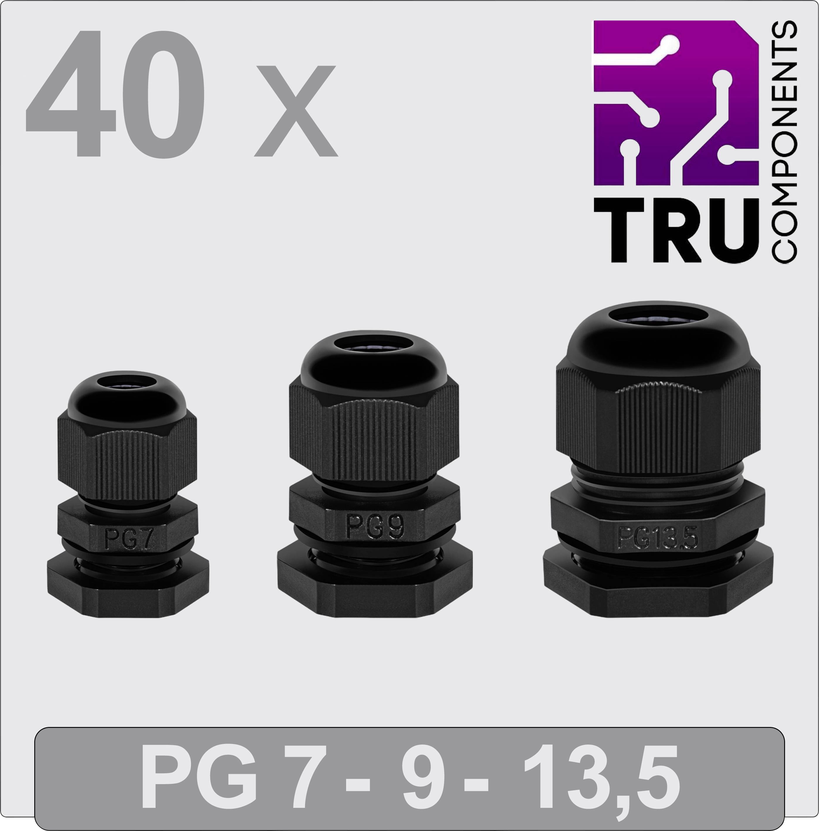 'Trois presse-étoupes noirs de différentes tailles avec l'inscription : PG 7, PG 9 et PG 13,5. Logo en haut à droite : TRU Components.'
