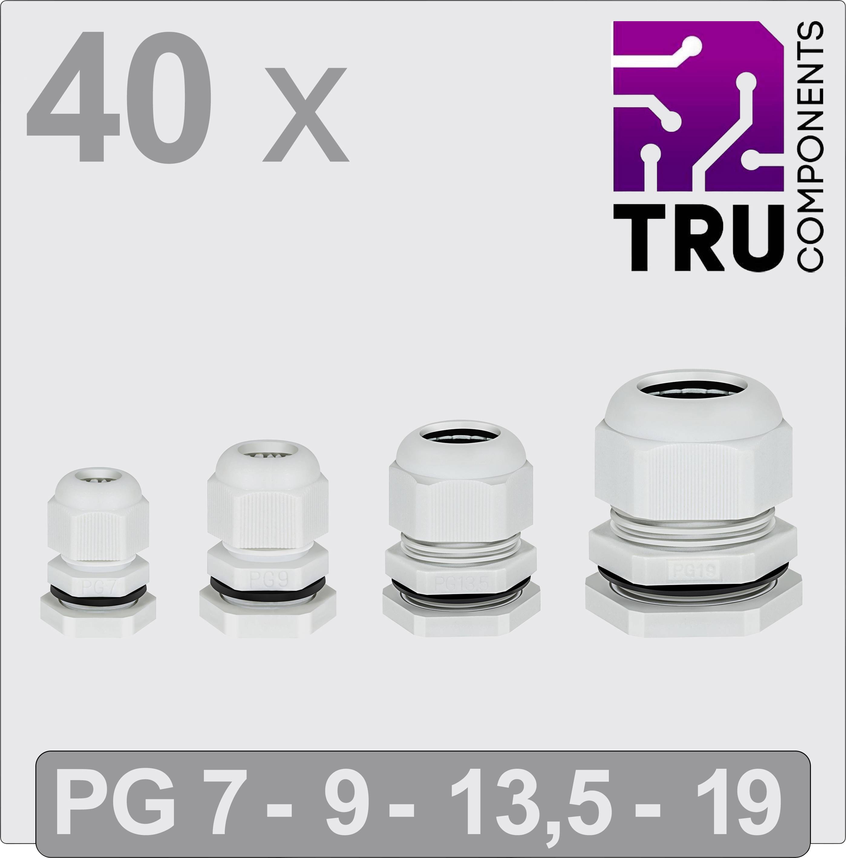 Quatre presse-étoupes blancs de différentes tailles côte à côte sur un fond gris ; avec le logo 'TRU COMPONENTS' et le texte '40 x PG 7 - 9 - 13,5 - 19'.