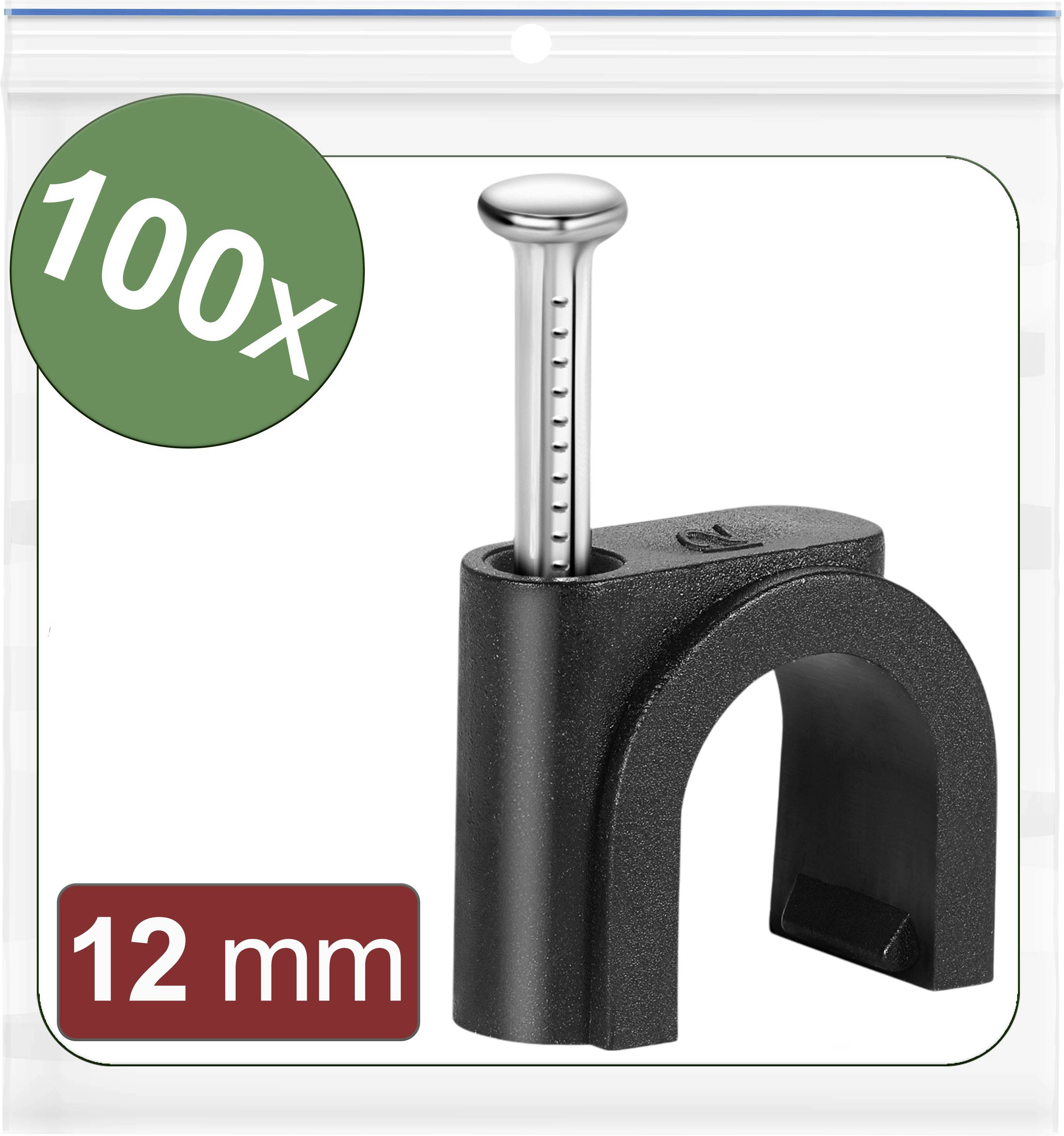 Un sachet de 100 colliers de câble noirs, 12 mm, pour la fixation de câbles, avec des clous pré-montés.