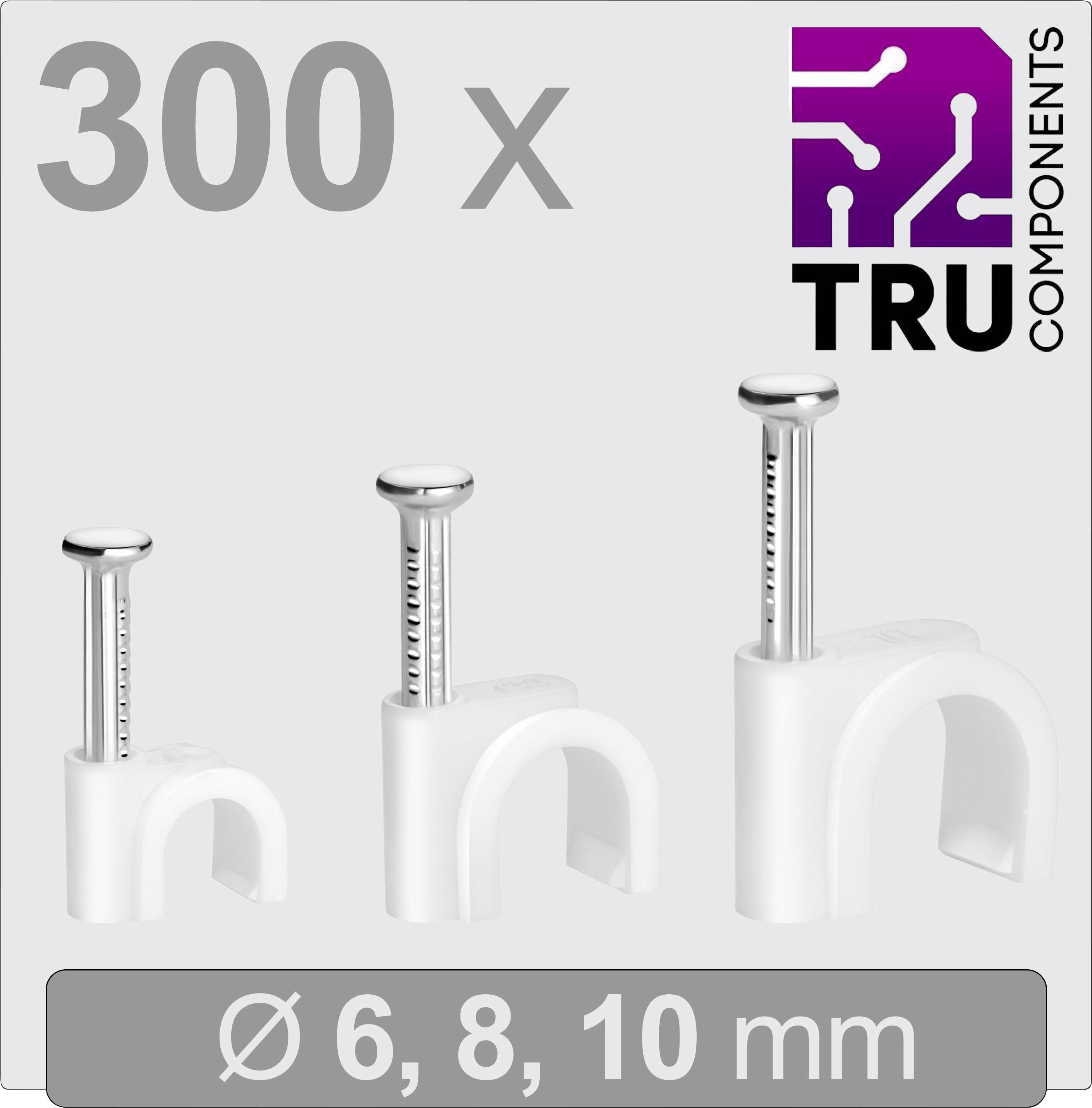 Trois supports de câbles avec clous, diamètres Ø 6, 8, 10 mm, 300 pièces, marque TRU Components.