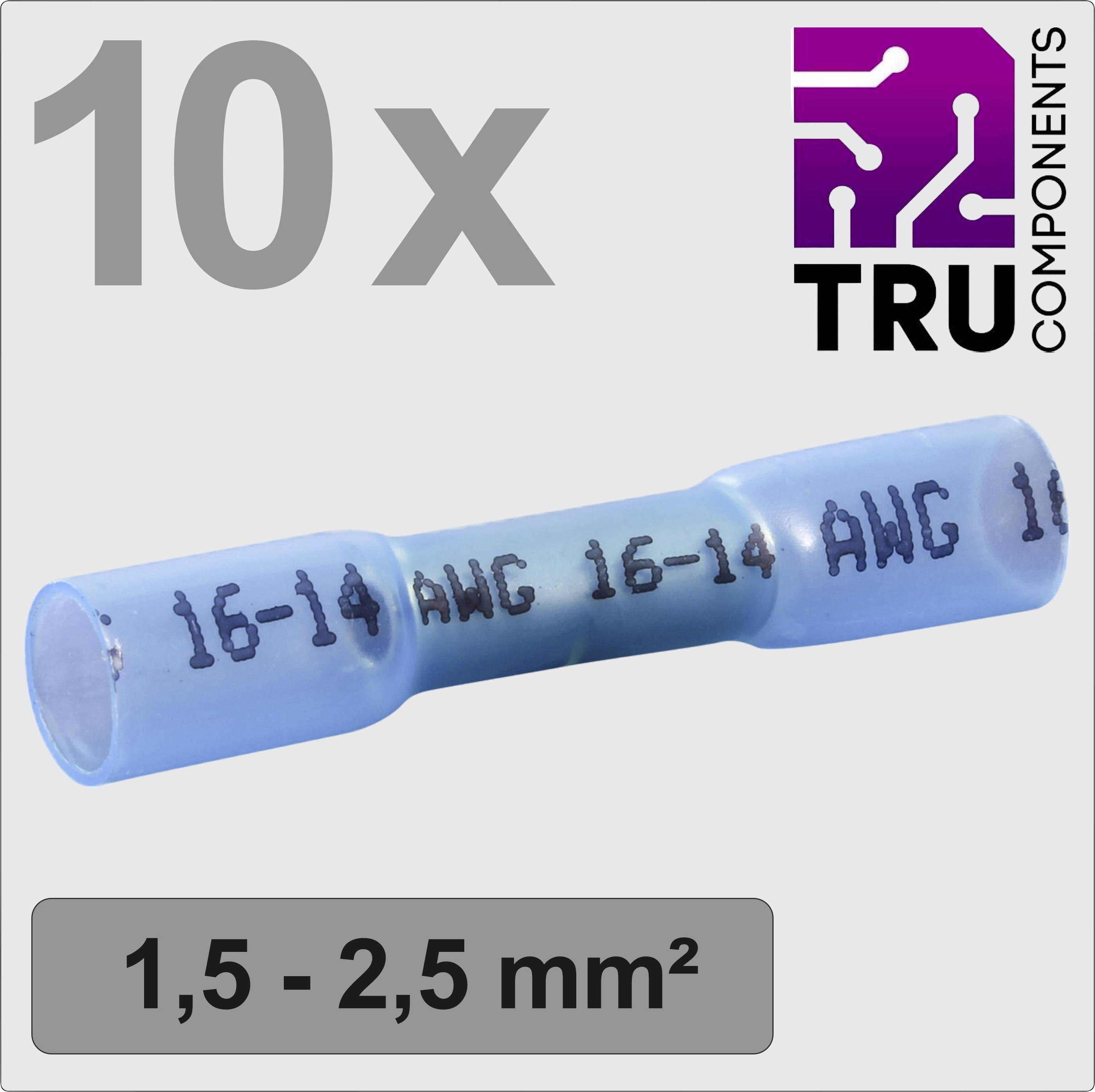 10x Connecteurs thermorétractables TRU Components, 16-14 AWG, 1,5-2,5 mm². Manchon de connexion bleu transparent pour câbles électriques.