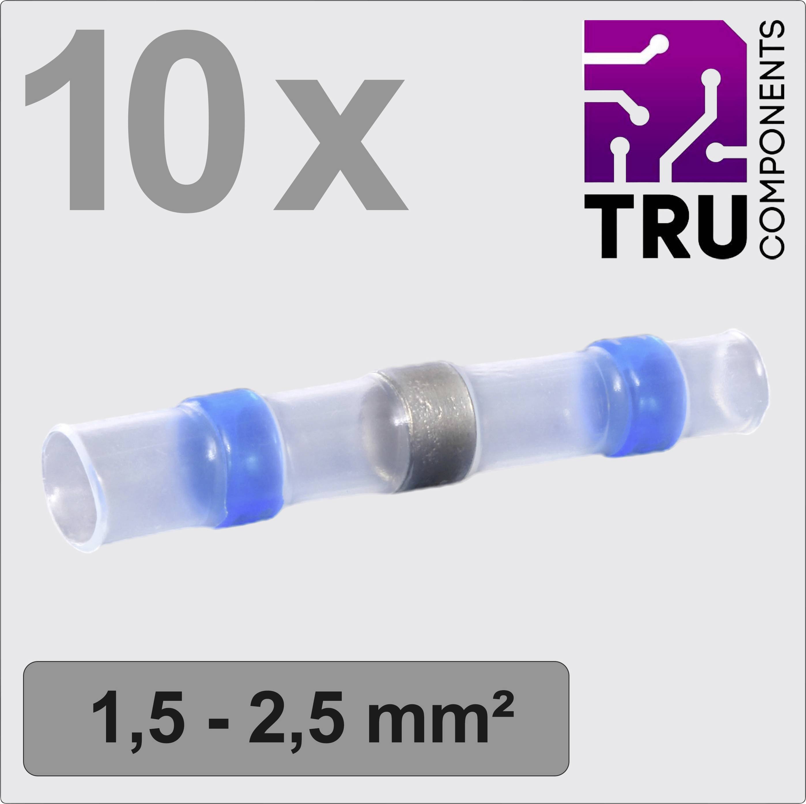 Pack de 10 connecteurs thermorétractables de TRU Components, adaptés pour des sections de câble de 1,5 à 2,5 mm², transparents avec embouts bleus.