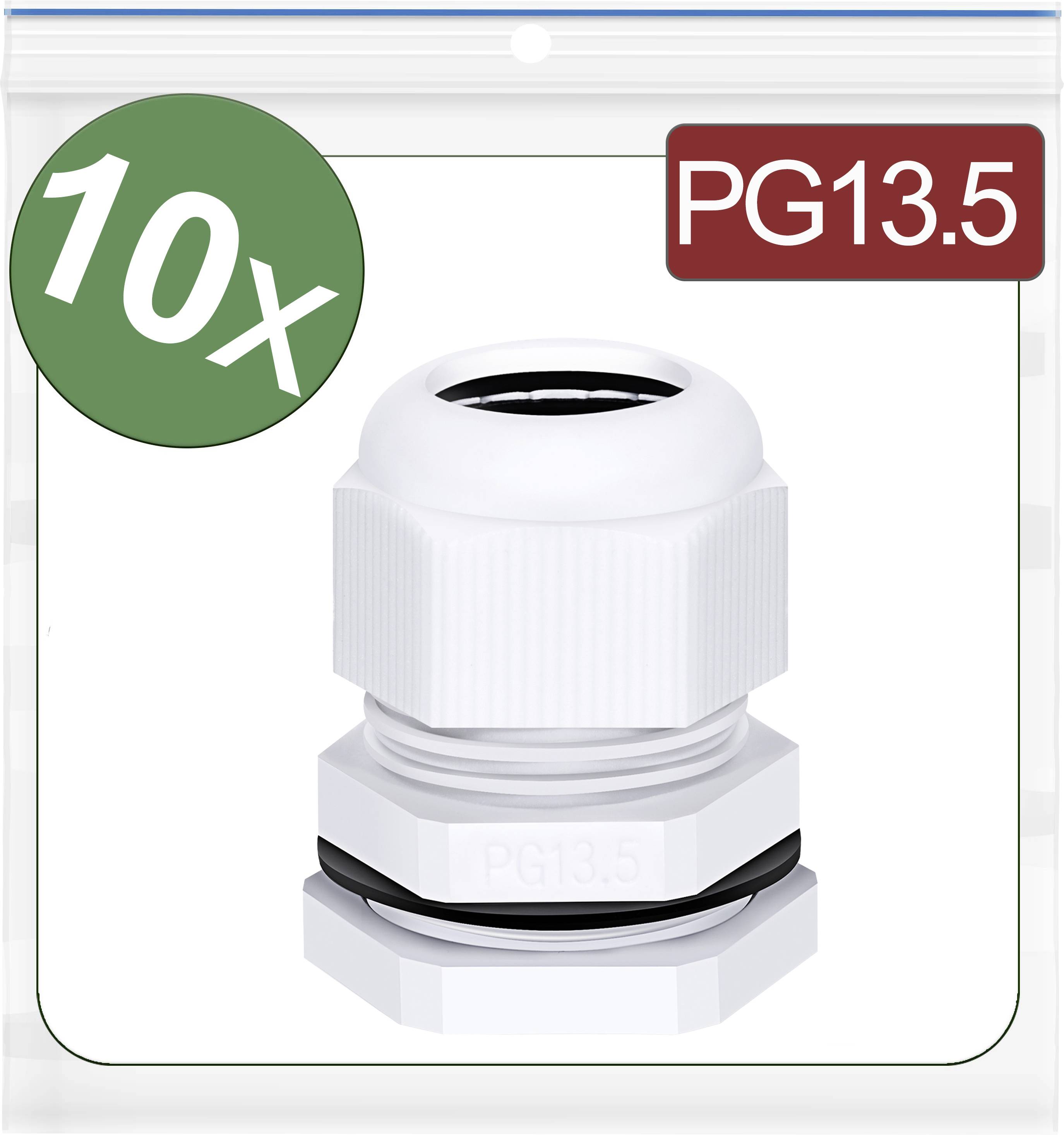10 presse-étoupes type PG13.5, blancs, en plastique. Contenus dans un emballage avec une étiquette verte '10x' et rouge 'PG13.5' sur le dessus.