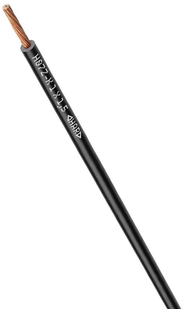 Câble électrique noir avec fil de cuivre dénudé à une extrémité. Marquage sur le câble : 'H07Z-K 1x1.5 04/20'.
