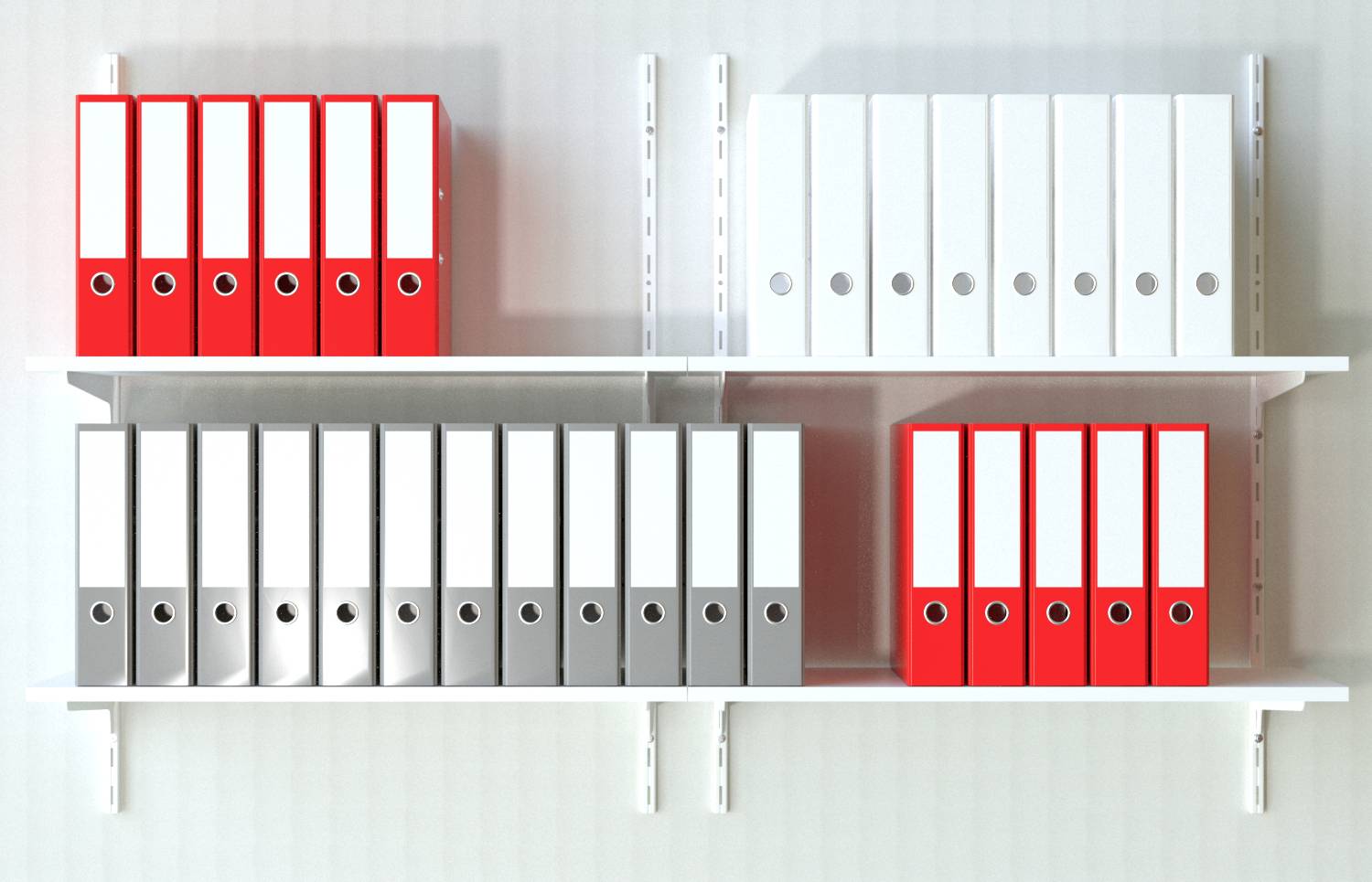 Une étagère avec deux rangées de classeurs, en haut rouge et blanc, en bas gris et blanc, répartis uniformément.