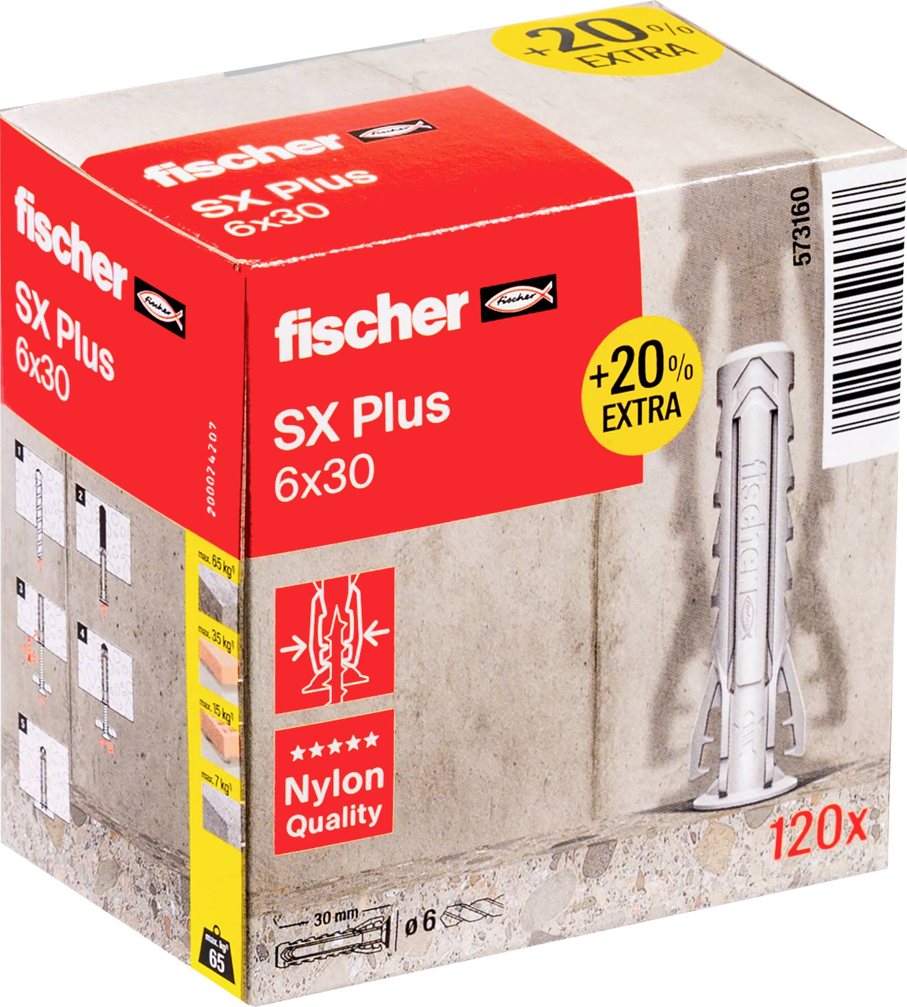 Chevilles Fischer SX Plus 6x30 en nylon, lot de 120, 20% supplémentaires dans le paquet.