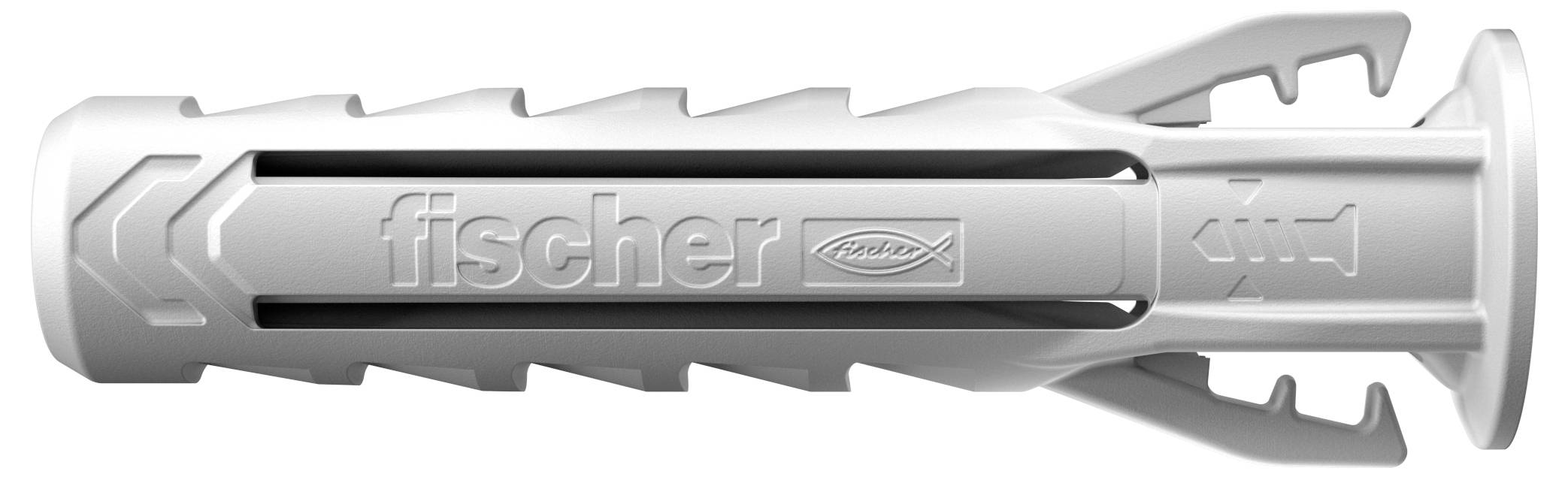 Un cheviller gris portant un nom de marque et un logo imprimés. Adapté pour les fixations dans différents types de maçonnerie.