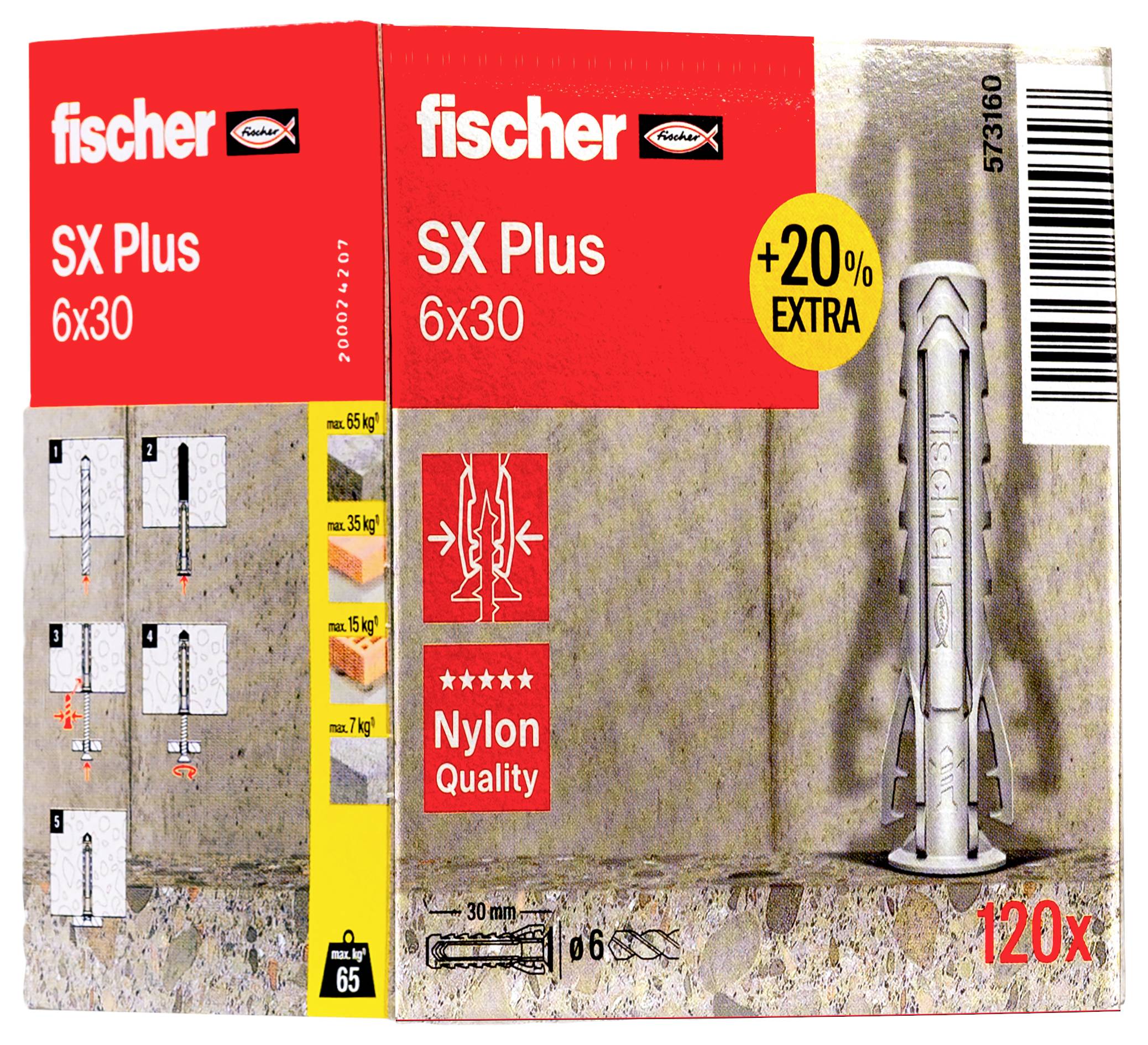 Emballage des chevilles Fischer SX Plus, taille 6x30 mm, 120 pièces, contient 20% de plus. Illustre une cheville et comprend un tableau d'applications.